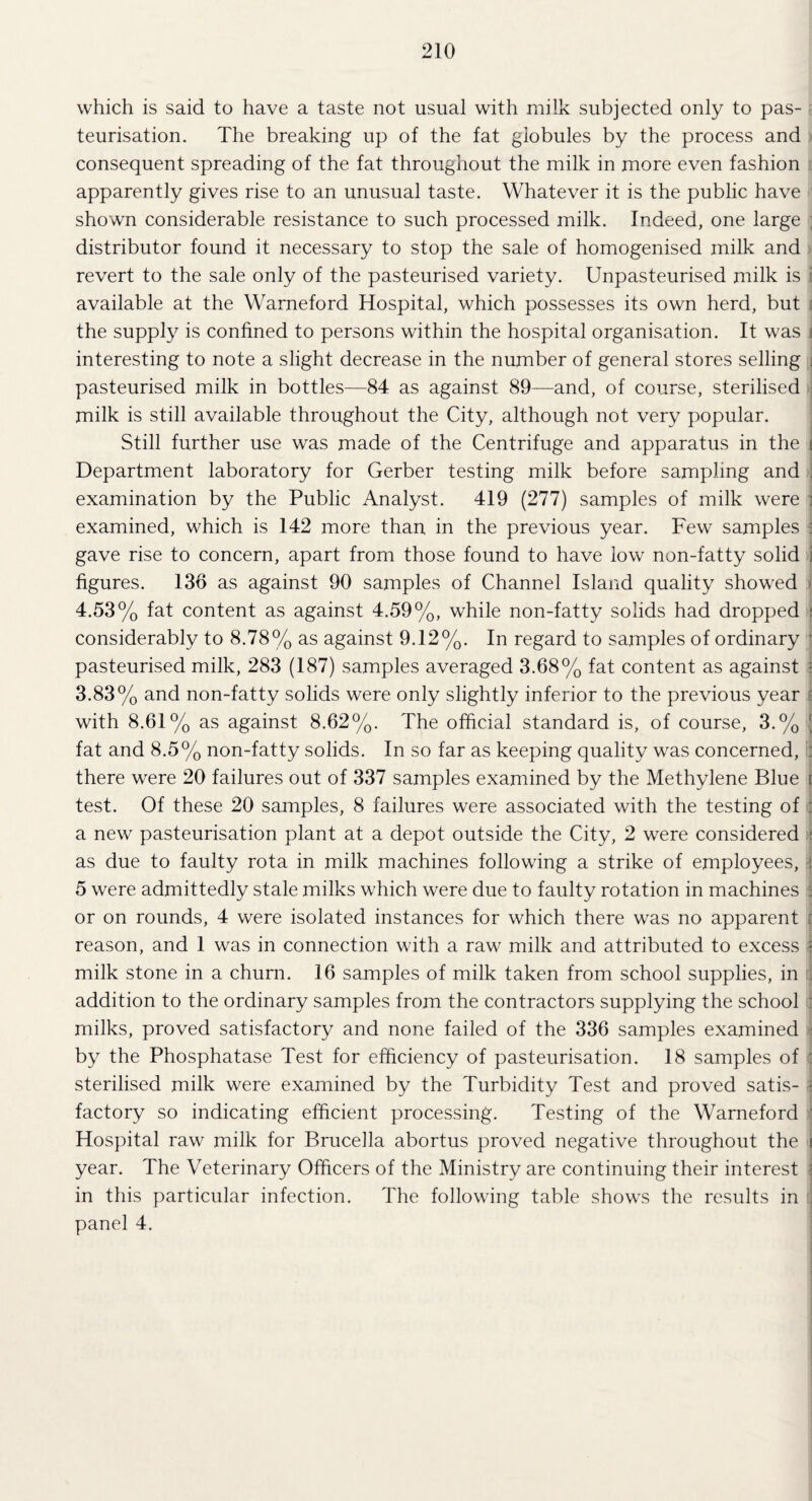 which is said to have a taste not usual with milk subjected only to pas¬ teurisation. The breaking up of the fat globules by the process and consequent spreading of the fat throughout the milk in more even fashion apparently gives rise to an unusual taste. Whatever it is the public have shown considerable resistance to such processed milk. Indeed, one large distributor found it necessary to stop the sale of homogenised milk and revert to the sale only of the pasteurised variety. Unpasteurised milk is available at the Warneford Hospital, which possesses its own herd, but the supply is confined to persons within the hospital organisation. It was i interesting to note a slight decrease in the number of general stores selling pasteurised milk in bottles—84 as against 89—and, of course, sterilised milk is still available throughout the City, although not very popular. Still further use was made of the Centrifuge and apparatus in the J Department laboratory for Gerber testing milk before sampling and examination by the Public Analyst. 419 (277) samples of milk were examined, which is 142 more than in the previous year. Few samples gave rise to concern, apart from those found to have low non-fatty solid figures. 136 as against 90 samples of Channel Island quality showed j 4.53% fat content as against 4.59%, while non-fatty solids had dropped i considerably to 8.78% as against 9.12%. In regard to samples of ordinary pasteurised milk, 283 (187) samples averaged 3.68% fat content as against • 3.83% and non-fatty solids were only slightly inferior to the previous year : with 8.61% as against 8.62%. The official standard is, of course, 3.% ‘ fat and 8.5% non-fatty solids. In so far as keeping quality was concerned, there were 20 failures out of 337 samples examined by the Methylene Blue j test. Of these 20 samples, 8 failures were associated with the testing of : a new pasteurisation plant at a depot outside the City, 2 were considered as due to faulty rota in milk machines following a strike of employees, : 5 were admittedly stale milks which were due to faulty rotation in machines j or on rounds, 4 were isolated instances for which there was no apparent : reason, and 1 was in connection with a raw milk and attributed to excess ; milk stone in a churn. 16 samples of milk taken from school supplies, in addition to the ordinary samples from the contractors supplying the school milks, proved satisfactory and none failed of the 336 samples examined by the Phosphatase Test for efficiency of pasteurisation. 18 samples of ' sterilised milk were examined by the Turbidity Test and proved satis- ■ factory so indicating efficient processing. Testing of the Warneford Hospital raw milk for Brucella abortus proved negative throughout the i year. The Veterinary Officers of the Ministry are continuing their interest j in this particular infection. The following table shows the results in panel 4.