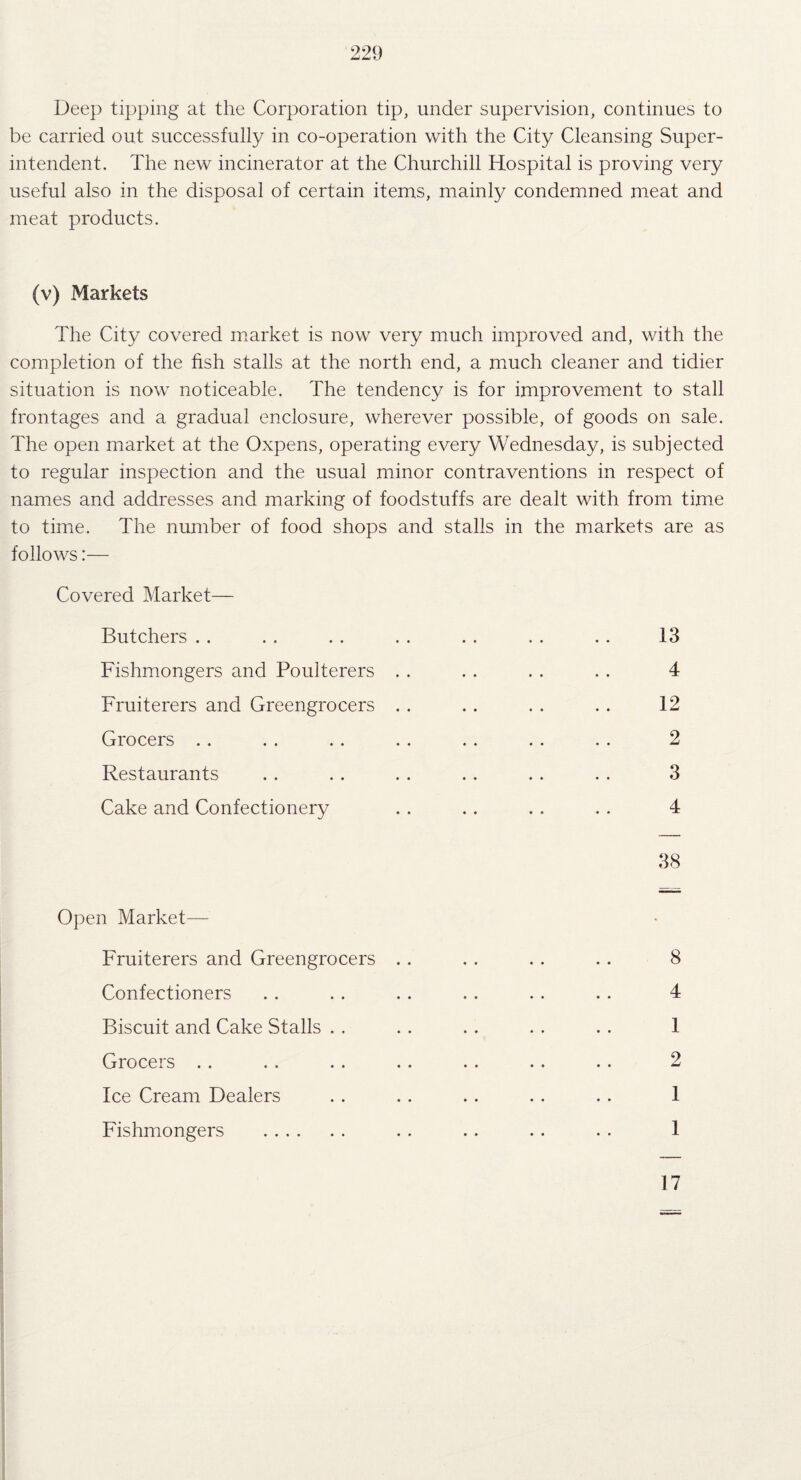 Deep tipping at the Corporation tip, under supervision, continues to be carried out successfully in co-operation with the City Cleansing Super¬ intendent. The new incinerator at the Churchill Hospital is proving very useful also in the disposal of certain items, mainly condemned meat and meat products. (v) Markets The City covered market is now very much improved and, with the completion of the fish stalls at the north end, a much cleaner and tidier situation is now noticeable. The tendency is for improvement to stall frontages and a gradual enclosure, wherever possible, of goods on sale. The open market at the Oxpens, operating every Wednesday, is subjected to regular inspection and the usual minor contraventions in respect of names and addresses and marking of foodstuffs are dealt with from time to time. The number of food shops and stalls in the markets are as follows:— Covered Market— Butchers .. . . . . . . . . . . . . 13 Fishmongers and Poulterers . . . . . . . . 4 Fruiterers and Greengrocers . . . . . . . . 12 Grocers .. . . . . . . . . .. . . 2 Restaurants . . . . . . . . .. . . 3 Cake and Confectionery . . .. . . . . 4 38 Open Market— Fruiterers and Greengrocers . . . . . . . . 8 Confectioners . . .. . . . . . . .. 4 Biscuit and Cake Stalls . . . . . . . . .. 1 Grocers . . . . .. . . . . . . .. 2 Ice Cream Dealers . . . . .. . . .. 1 Fishmongers . . . . . . . . . 1 17