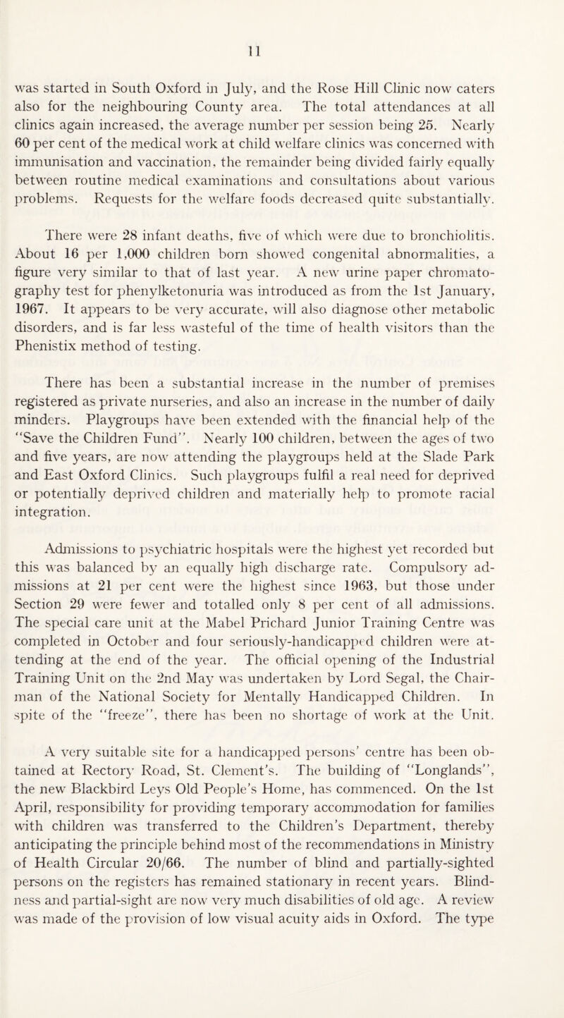 was started in South Oxford in July, and the Rose Hill Clinic now caters also for the neighbouring County area. The total attendances at all clinics again increased, the average number per session being 25. Nearly 60 per cent of the medical work at child welfare clinics was concerned with immunisation and vaccination, the remainder being divided fairly equally between routine medical examinations and consultations about various problems. Requests for the welfare foods decreased quite substantially. There were 28 infant deaths, five of which were due to bronchiolitis. About 16 per 1,000 children born showed congenital abnormalities, a figure very similar to that of last year. A new urine paper chromato¬ graphy test for phenylketonuria was introduced as from the 1st January, 1967. It appears to be very accurate, will also diagnose other metabolic disorders, and is far less wasteful of the time of health visitors than the Phenistix method of testing. There has been a substantial increase in the number of premises registered as private nurseries, and also an increase in the number of daily minders. Playgroups have been extended with the financial help of the “Save the Children Fund”. Nearly 100 children, between the ages of two and five years, are now attending the playgroups held at the Slade Park and East Oxford Clinics. Such playgroups fulfil a real need for deprived or potentially deprived children and materially help to promote racial integration. Admissions to psychiatric hospitals were the highest yet recorded but this was balanced by an equally high discharge rate. Compulsory ad¬ missions at 21 per cent were the highest since 1963, but those under Section 29 were fewer and totalled only 8 per cent of all admissions. The special care unit at the Mabel Prichard Junior Training Centre was completed in October and four seriously-handicapped children were at¬ tending at the end of the year. The official opening of the Industrial Training Unit on the 2nd May was undertaken by Lord Segal, the Chair¬ man of the National Society for Mentally Handicapped Children. In spite of the “freeze”, there has been no shortage of work at the Unit. A very suitable site for a handicapped persons’ centre has been ob¬ tained at Rector}7 Road, St. Clement’s. The building of “Longlands”, the new Blackbird Leys Old People’s Home, has commenced. On the 1st April, responsibility for providing temporary accommodation for families with children was transferred to the Children’s Department, thereby anticipating the principle behind most of the recommendations in Ministry of Health Circular 20/66. The number of blind and partially-sighted persons on the registers has remained stationary in recent years. Blind¬ ness and partial-sight are now very much disabilities of old age. A review was made of the provision of low visual acuity aids in Oxford. The type