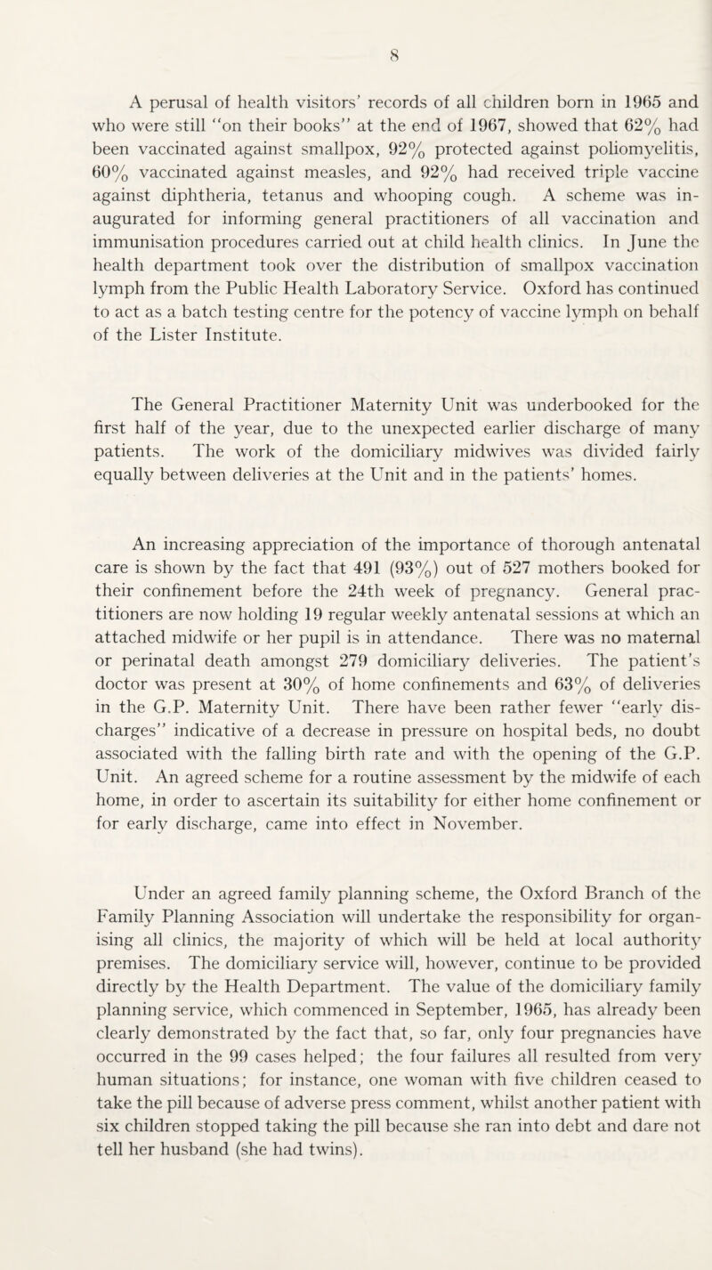 A perusal of health visitors’ records of all children born in 1965 and who were still on their books” at the end of 1967, showed that 62% had been vaccinated against smallpox, 92% protected against poliomyelitis, 60% vaccinated against measles, and 92% had received triple vaccine against diphtheria, tetanus and whooping cough. A scheme was in¬ augurated for informing general practitioners of all vaccination and immunisation procedures carried out at child health clinics. In June the health department took over the distribution of smallpox vaccination lymph from the Public Health Laboratory Service. Oxford has continued to act as a batch testing centre for the potency of vaccine lymph on behalf of the Lister Institute. The General Practitioner Maternity Unit was underbooked for the first half of the year, due to the unexpected earlier discharge of many patients. The work of the domiciliary midwives was divided fairly equally between deliveries at the Unit and in the patients’ homes. An increasing appreciation of the importance of thorough antenatal care is shown by the fact that 491 (93%) out of 527 mothers booked for their confinement before the 24th week of pregnancy. General prac¬ titioners are now holding 19 regular weekly antenatal sessions at which an attached midwife or her pupil is in attendance. There was no maternal or perinatal death amongst 279 domiciliary deliveries. The patient’s doctor was present at 30% of home confinements and 63% of deliveries in the G.P. Maternity Unit. There have been rather fewer early dis¬ charges” indicative of a decrease in pressure on hospital beds, no doubt associated with the falling birth rate and with the opening of the G.P. Unit. An agreed scheme for a routine assessment by the midwife of each home, in order to ascertain its suitability for either home confinement or for early discharge, came into effect in November. Under an agreed family planning scheme, the Oxford Branch of the Family Planning Association will undertake the responsibility for organ¬ ising all clinics, the majority of which will be held at local authority premises. The domiciliary service will, however, continue to be provided directly by the Health Department. The value of the domiciliary family planning service, which commenced in September, 1965, has already been clearly demonstrated by the fact that, so far, only four pregnancies have occurred in the 99 cases helped; the four failures all resulted from very human situations; for instance, one woman with five children ceased to take the pill because of adverse press comment, whilst another patient with six children stopped taking the pill because she ran into debt and dare not tell her husband (she had twins).
