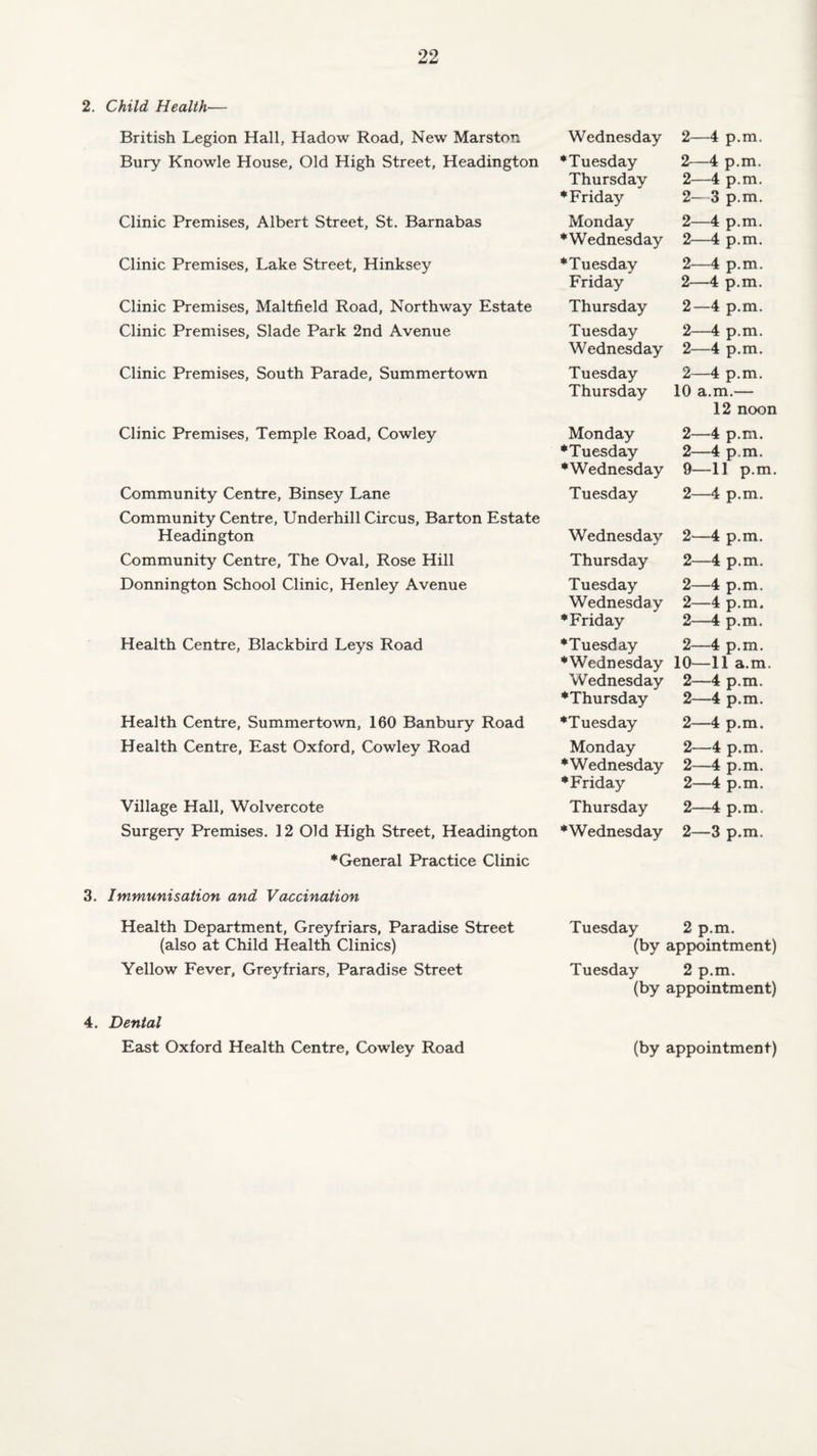 2. Child Health— British Legion Hall, Hadow Road, New Marston Bury Knowle House, Old High Street, Headington Clinic Premises, Albert Street, St. Barnabas Clinic Premises, Lake Street, Hinksey Clinic Premises, Maltfield Road, Northway Estate Clinic Premises, Slade Park 2nd Avenue Clinic Premises, South Parade, Summertown Clinic Premises, Temple Road, Cowley Community Centre, Binsey Lane Community Centre, Underhill Circus, Barton Estate Headington Community Centre, The Oval, Rose Hill Donnington School Clinic, Henley Avenue Health Centre, Blackbird Leys Road Health Centre, Summertown, 160 Banbury Road Health Centre, East Oxford, Cowley Road Village Hall, Wolvercote Surgery Premises. 12 Old High Street, Headington Wednesday 2—4 p.m. ♦Tuesday 2—4 p.m. Thursday 2—4 p.m. ♦Friday 2— 3 p.m. Monday 2—4 p.m. ♦Wednesday 2—4 p.m. ♦Tuesday 2—4 p.m. Friday 2—4 p.m. Thursday 2—4 p.m. Tuesday 2—4 p.m. Wednesday 2—4 p.m. Tuesday 2—4 p.m. Thursday 10 a.m.— 12 noon Monday 2—4 p.m. ♦Tuesday 2—4 p.m. ♦Wednesday 9—11 p.m. Tuesday 2—4 p.m. Wednesday 2—4 p.m. Thursday 2—4 p.m. Tuesday 2—4 p.m. Wednesday 2—4 p.m. ♦Friday 2—4 p.m. ♦Tuesday 2—4 p.m. ♦Wednesday 10—11 a.m. W ednesday 2—4 p.m. ♦Thursday 2—4 p.m. ♦Tuesday 2—4 p.m. Monday 2—4 p.m. ♦Wednesday 2—4 p.m. ♦Friday 2—4 p.m. Thursday 2—4 p.m. ♦Wednesday 2—3 p.m. * General Practice Clinic 3. Immunisation and Vaccination Health Department, Greyfriars, Paradise Street (also at Child Health Clinics) Yellow Fever, Greyfriars, Paradise Street Tuesday 2 p.m. (by appointment) Tuesday 2 p.m. (by appointment) 4. Dental East Oxford Health Centre, Cowley Road (by appointment)