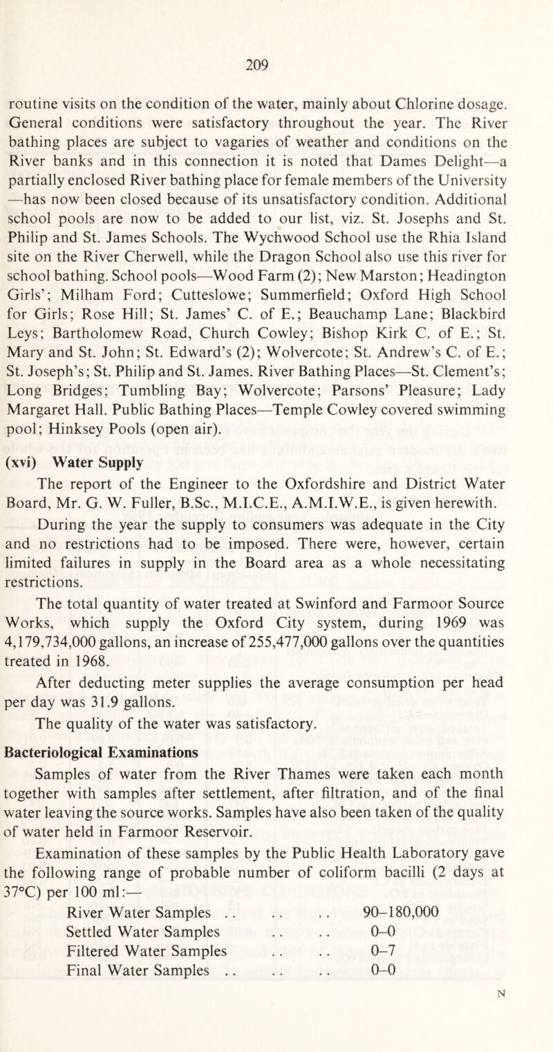 routine visits on the condition of the water, mainly about Chlorine dosage. General conditions were satisfactory throughout the year. The River bathing places are subject to vagaries of weather and conditions on the River banks and in this connection it is noted that Dames Delight—a partially enclosed River bathing place for female members of the University —has now been closed because of its unsatisfactory condition. Additional school pools are now to be added to our list, viz. St. Josephs and St. Philip and St. James Schools. The Wychwood School use the Rhia Island site on the River Cherwell, while the Dragon School also use this river for school bathing. School pools—Wood Farm (2); New Marston; Headington Girls’; Milham Ford; Cutteslowe; Summerfield; Oxford High School for Girls; Rose Hill; St. James’ C. of E.; Beauchamp Lane; Blackbird Leys; Bartholomew Road, Church Cowley; Bishop Kirk C. of E.; St. Mary and St. John; St. Edward’s (2); Wolvercote; St. Andrew’s C. of E.; St. Joseph’s; St. Philip and St. James. River Bathing Places—St. Clement’s; Long Bridges; Tumbling Bay; Wolvercote; Parsons’ Pleasure; Lady Margaret Hall. Public Bathing Places—Temple Cowley covered swimming pool; Hinksey Pools (open air). (xvi) Water Supply The report of the Engineer to the Oxfordshire and District Water Board, Mr. G. W. Fuller, B.Sc., M.I.C.E., A.M.I.W.E., is given herewith. During the year the supply to consumers was adequate in the City and no restrictions had to be imposed. There were, however, certain limited failures in supply in the Board area as a whole necessitating restrictions. The total quantity of water treated at Swinford and Farmoor Source Works, which supply the Oxford City system, during 1969 was 4,179,734,000 gallons, an increase of 255,477,000 gallons over the quantities treated in 1968. After deducting meter supplies the average consumption per head per day was 31.9 gallons. The quality of the water was satisfactory. Bacteriological Examinations Samples of water from the River Thames were taken each month together with samples after settlement, after filtration, and of the final water leaving the source works. Samples have also been taken of the quality of water held in Farmoor Reservoir. Examination of these samples by the Public Health Laboratory gave the following range of probable number of coliform bacilli (2 days at 37°C) per 100 ml:— River Water Samples .. .. .. 90-180,000 Settled Water Samples .. .. 0-0 Filtered Water Samples .. .. 0-7 Final Water Samples .. .. .. 0-0 N