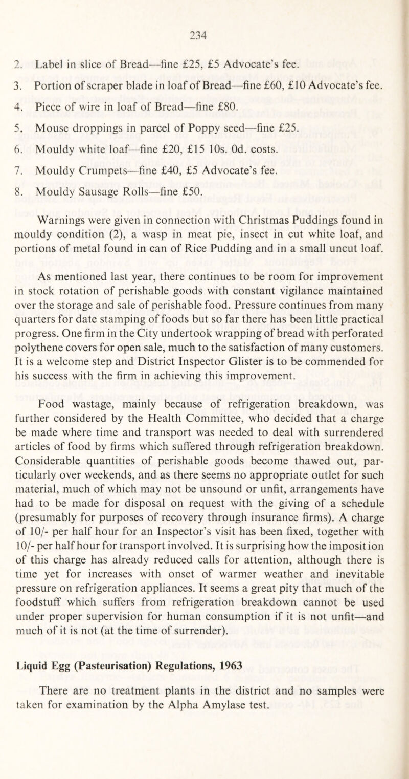 2. Label in slice of Bread—line £25, £5 Advocate's fee. 3. Portion of scraper blade in loaf of Bread—fine £60, £ 10 Advocate’s fee. 4. Piece of wire in loaf of Bread—fine £80. 5. Mouse droppings in parcel of Poppy seed—fine £25. 6. Mouldy white loaf—fine £20, £15 10s. Od. costs. 7. Mouldy Crumpets—fine £40, £5 Advocate’s fee. 8. Mouldy Sausage Rolls—fine £50. Warnings were given in connection with Christmas Puddings found in mouldy condition (2), a wasp in meat pie, insect in cut white loaf, and portions of metal found in can of Rice Pudding and in a small uncut loaf. As mentioned last year, there continues to be room for improvement in stock rotation of perishable goods with constant vigilance maintained over the storage and sale of perishable food. Pressure continues from many quarters for date stamping of foods but so far there has been little practical progress. One firm in the City undertook wrapping of bread with perforated polythene covers for open sale, much to the satisfaction of many customers. It is a welcome step and District Inspector Glister is to be commended for his success with the firm in achieving this improvement. Food wastage, mainly because of refrigeration breakdown, was further considered by the Health Committee, who decided that a charge be made where time and transport was needed to deal with surrendered articles of food by firms which suffered through refrigeration breakdown. Considerable quantities of perishable goods become thawed out, par¬ ticularly over weekends, and as there seems no appropriate outlet for such material, much of which may not be unsound or unfit, arrangements have had to be made for disposal on request with the giving of a schedule (presumably for purposes of recovery through insurance firms). A charge of 10/- per half hour for an Inspector’s visit has been fixed, together with 10/- per half hour for transport involved. It is surprising how the imposit ion of this charge has already reduced calls for attention, although there is time yet for increases with onset of warmer weather and inevitable pressure on refrigeration appliances. It seems a great pity that much of the foodstuff which suffers from refrigeration breakdown cannot be used under proper supervision for human consumption if it is not unfit—and much of it is not (at the time of surrender). Liquid Egg (Pasteurisation) Regulations, 1963 There are no treatment plants in the district and no samples were taken for examination by the Alpha Amylase test.