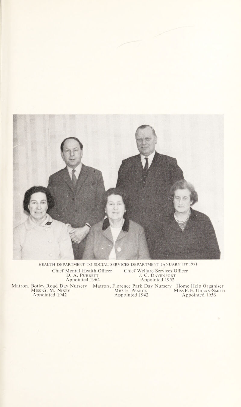 HEALTH DEPARTMENT TO SOCIAL SERVICES DEPARTMENT JANUARY 1st 1971 Chief Mental Health Officer Chief Welfare Services Officer D. A. Purrett J. C. Davenport Appointed 1962 Appointed 1952 Matron, Botley Road Day Nursery Matron, Florence Park Day Nursery Home Help Organiser Miss G. M. Nixey Mrs E. Pearce Miss P. E. Urban-Smith