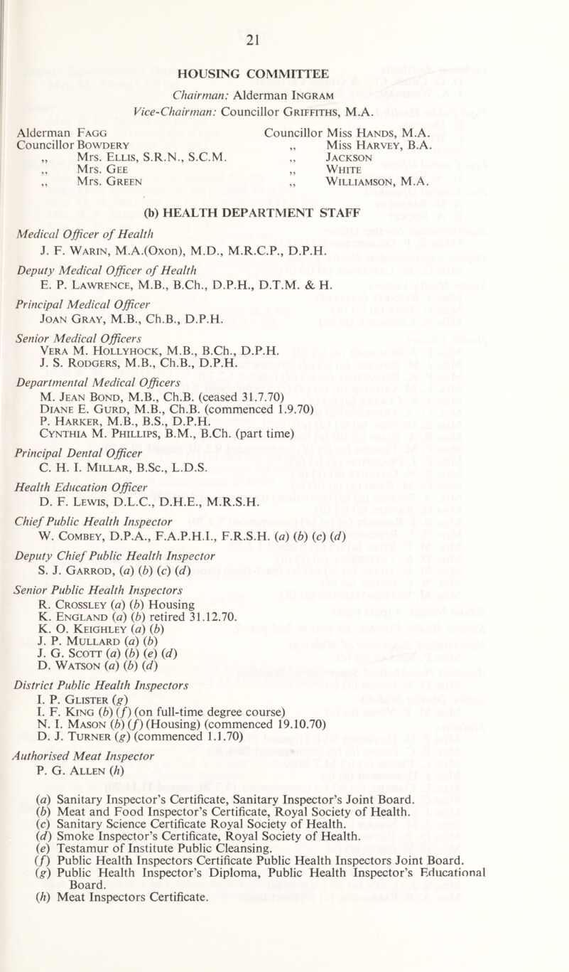 HOUSING COMMITTEE Chairman: Alderman Ingram Vice-Chairman: Councillor Griffiths, M.A. Alderman Fagg Councillor Bowdery Councillor Miss Hands, M.A. Mrs. Ellis, S.R.N., S.C.M. Mrs. Gee Mrs. Green Miss Harvey, B.A. Jackson White Williamson, M.A. (b) HEALTH DEPARTMENT STAFF Medical Officer of Health J. F. Warin, M.A.(Oxon), M.D., M.R.C.P., D.P.H. Deputy Medical Officer of Health E. P. Lawrence, M.B., B.Ch., D.P.H., D.T.M. & H. Principal Medical Officer Joan Gray, M.B., Ch.B., D.P.H. Senior Medical Officers Vera M. Hollyhock, M.B., B.Ch., D.P.H. J. S. Rodgers, M.B., Ch.B., D.P.H. Departmental Medical Officers M. Jean Bond, M.B., Ch.B. (ceased 31.7.70) Diane E. Gurd, M.B., Ch.B. (commenced 1.9.70) P. Harker, M.B., B.S., D.P.H. Cynthia M. Phillips, B.M., B.Ch. (part time) Principal Dental Officer C. H. I. Millar, B.Sc., L.D.S. Health Education Officer D. F. Lewis, D.L.C., D.H.E., M.R.S.H. Chief Public Health Inspector W. Combey, D.P.A., F.A.P.H.I., F.R.S.H. (a) (b) (c) (d) Deputy Chief Public Health Inspector S. J. Garrod, (a) (b) (c) (d) Senior Public Health Inspectors R. Crossley (a) (b) Housing K. England (#) (b) retired 31.12.70. K. O. Keighley (a) (b) J. P. Mullard (a) (b) J. G. Scott (a) (b) {e) (d) D. Watson (a) (b) {d) District Public Health Inspectors I. P. Glister (g) I. F. King (b) (/) (on full-time degree course) N. I. Mason (b) (/) (Housing) (commenced 19.10.70) D. J. Turner (g) (commenced 1.1.70) Authorised Meat Inspector P. G. Allen (h) (a) Sanitary Inspector’s Certificate, Sanitary Inspector’s Joint Board. (b) Meat and Food Inspector’s Certificate, Royal Society of Health. (c) Sanitary Science Certificate Royal Society of Health. (d) Smoke Inspector’s Certificate, Royal Society of Health. (e) Testamur of Institute Public Cleansing. (/) Public Health Inspectors Certificate Public Health Inspectors Joint Board. (g) Public Health Inspector’s Diploma, Public Health Inspector’s Educational Board. (h) Meat Inspectors Certificate.