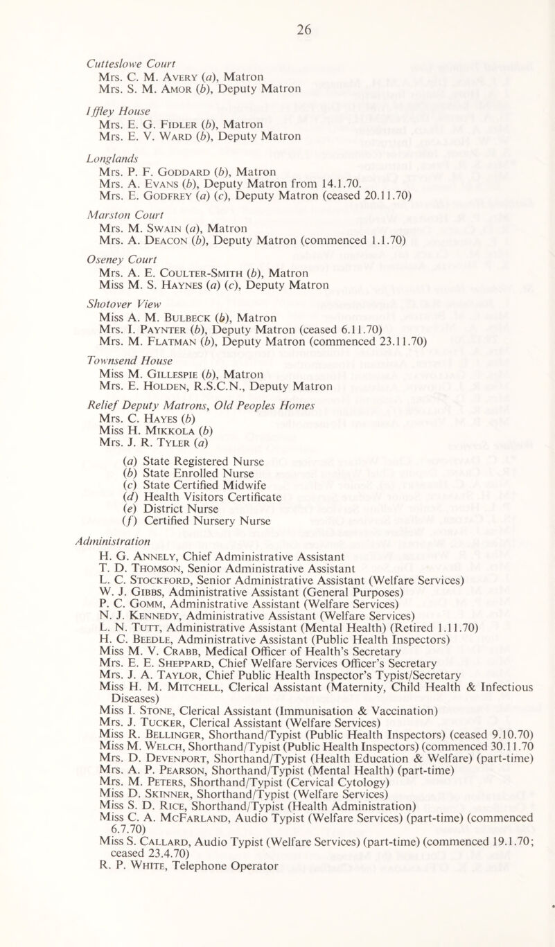 Cutteslowe Court Mrs. C. M. Avery {a), Matron Mrs. S. M. Amor (jb), Deputy Matron Iffley House Mrs. E. G. Fidler (b), Matron Mrs. E. V. Ward (b), Deputy Matron Longlands Mrs. P. F. Goddard (b), Matron Mrs. A. Evans (b), Deputy Matron from 14.1.70. Mrs. E. Godfrey (a) (c), Deputy Matron (ceased 20.11.70) Marston Court Mrs. M. Swain (a), Matron Mrs. A. Deacon (b), Deputy Matron (commenced 1.1.70) Oseney Court Mrs. A. E. Coulter-Smith (b), Matron Miss M. S. Haynes (a) (c), Deputy Matron Shot over View Miss A. M. Bulbeck (b), Matron Mrs. I. Paynter (b), Deputy Matron (ceased 6.11.70) Mrs. M. Flatman (b), Deputy Matron (commenced 23.11.70) Townsend House Miss M. Gillespie (b), Matron Mrs. E. Holden, R.S.C.N., Deputy Matron Relief Deputy Matrons, Old Peoples Homes Mrs. C. Hayes (b) Miss H. Mikkola (b) Mrs. J. R. Tyler (a) (a) State Registered Nurse (b) State Enrolled Nurse (c) State Certified Midwife (d) Health Visitors Certificate (e) District Nurse (/) Certified Nursery Nurse Administration H. G. Annely, Chief Administrative Assistant T. D. Thomson, Senior Administrative Assistant L. C. Stockford, Senior Administrative Assistant (Welfare Services) W. J. Gibbs, Administrative Assistant (General Purposes) P. C. Gomm, Administrative Assistant (Welfare Services) N. J. Kennedy, Administrative Assistant (Welfare Services) L. N. Tutt, Administrative Assistant (Mental Health) (Retired 1.11.70) H. C. Beedle, Administrative Assistant (Public Health Inspectors) Miss M. V. Crabb, Medical Officer of Health’s Secretary Mrs. E. E. Sheppard, Chief Welfare Services Officer’s Secretary Mrs. J. A. Taylor, Chief Public Health Inspector’s Typist/Secretary Miss H. M. Mitchell, Clerical Assistant (Maternity, Child Health & Infectious Diseases) Miss I. Stone, Clerical Assistant (Immunisation & Vaccination) Mrs. J. Tucker, Clerical Assistant (Welfare Services) Miss R. Bellinger, Shorthand/Typist (Public Health Inspectors) (ceased 9.10.70) Miss M. Welch, Shorthand/Typist (Public Health Inspectors) (commenced 30.11.70 Mrs. D. Devenport, Shorthand/Typist (Health Education & Welfare) (part-time) Mrs. A. P. Pearson, Shorthand/Typist (Mental Health) (part-time) Mrs. M. Peters, Shorthand/Typist (Cervical Cytology) Miss D. Skinner, Shorthand/Typist (Welfare Services) Miss S. D. Rice, Shorthand/Typist (Health Administration) Miss C. A. McFarland, Audio Typist (Welfare Services) (part-time) (commenced 6.7.70) Miss S. Callard, Audio Typist (Welfare Services) (part-time) (commenced 19.1.70; ceased 23.4.70) R. P. White, Telephone Operator
