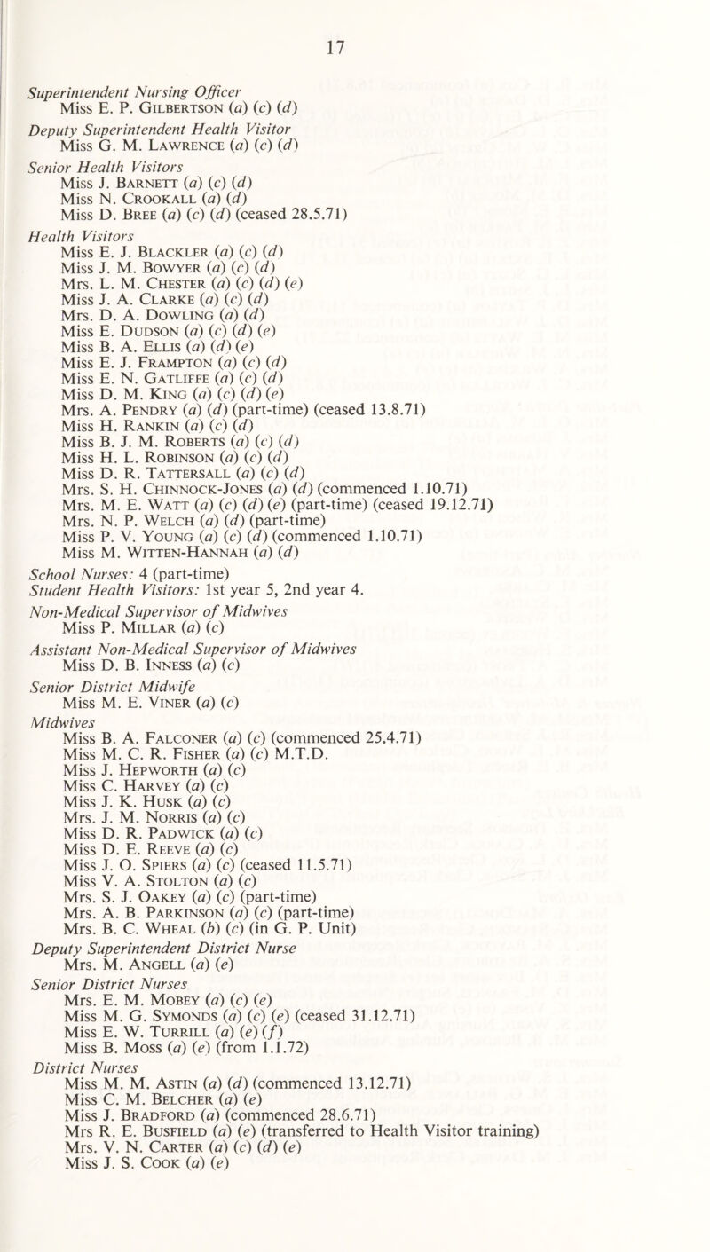 Superintendent Nursing Officer Miss E. P. Gilbertson {a) (c) {d) Deputy Superintendent Health Visitor Miss G. M. Lawrence (^7) (c) (t/) Senior Health Visitors Miss J. Barnett {a) (c) (d) Miss N. Crookall (a) (d) Miss D. Bree (a) (c) {d) (ceased 28.5.71) Health Visitors Miss E. J. Blackler {a) (c) {d) Miss J. M. Bowyer (a) (c) (d) Mrs. L. M. Chester (a) (c) (d) (e) Miss J. A, Clarke (a) (c) (d) Mrs. D. A. Dowling (a) (d) Miss E. Dudson (a) (c) (d) (e) Miss B. A. Ellis (a) (d) (e) Miss E. J. Frampton (a) (c) (d) Miss E. N. Gatliffe (a) (c) (d) Miss D. M. King (a) (c) (d) (e) Mrs. A. Pendry (a) (d) (part-time) (ceased 13.8.71) Miss H. Rankin (<3) (c) (d) Miss B. J. M. Roberts (a) (c) (d) Miss H. L. Robinson (a) (c) (d) Miss D. R. Tattersall (a) (c) (d) Mrs. S. H. Chinnock-Jones (a) (t/) (commenced 1.10.71) Mrs. M. E. Watt (a) (c) {d){e) (part-time) (ceased 19.12.71) Mrs. N. P. Welch {a) (d) (part-time) Miss P. V. Young {a) (c) (d) (commenced 1.10.71) Miss M. Witten-Hannah (a) (d) School Nurses: 4 (part-time) Student Health Visitors: 1st year 5, 2nd year 4. Non-Medical Supervisor of Midwives Miss P. Millar {a) (c) Assistant Non-Medical Supervisor of Midwives Miss D. B. Inness (a) (c) Senior District Midwife Miss M. E. Viner {a) (c) Midwives Miss B. A. Falconer (a) (c) (commenced 25,4.71) Miss M. C. R. Fisher (a) (c) M.T.D. Miss J. Hep WORTH (a) (c) Miss C. Harvey (a) (c) Miss J. K. Husk (a) (c) Mrs. J. M. Norris (a) (c) Miss D. R. Padwick (a) (c) Miss D. E. Reeve (a) (c) Miss J. O. Spiers (a) (c) (ceased 11.5.71) Miss V. A. Stolton (a) (c) Mrs. S. J. Oakey (a) (c) (part-time) Mrs. A. B. Parkinson (a) (c) (part-time) Mrs. B. C. Wheal (b) (c) (in G. P. Unit) Deputy Superintendent District Nurse Mrs. M. Angell {a) (e) Senior District Nurses Mrs. E. M. Mobey {a) (c) (e) Miss M. G. Symonds (a) (c) (e) (ceased 31.12.71) Miss E. W. Turrill (a) (e) (/) Miss B. Moss (a) (e) (from 1.1.72) District Nurses Miss M. M. Astin {a) {d) (commenced 13.12.71) Miss C. M. Belcher {d) (e) Miss J. Bradford (a) (commenced 28.6.71) Mrs R. E. Busfield (a) (e) (transferred to Health Visitor training) Mrs. V. N. Carter (a) (c) (d) (e) Miss J. S. Cook (a) (e)