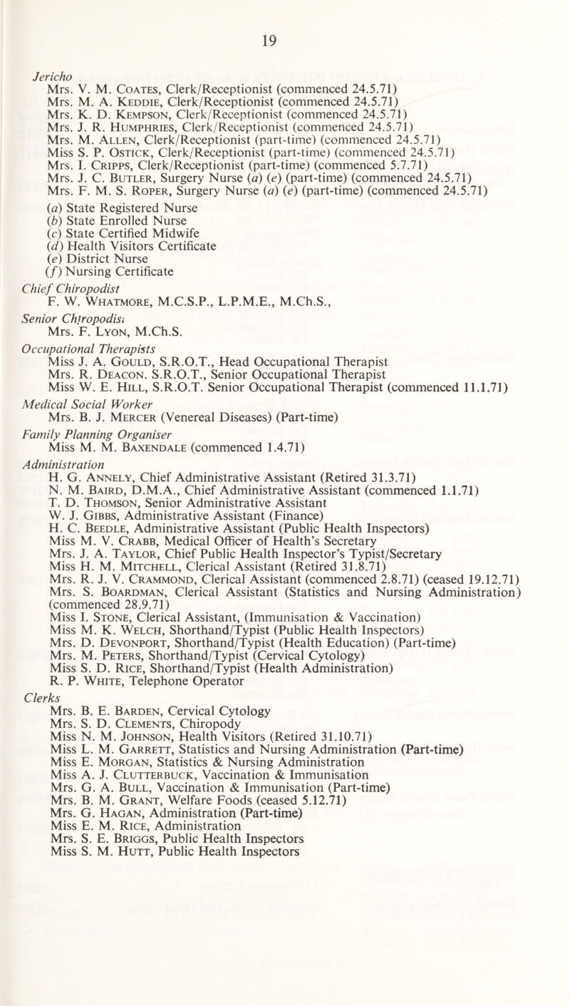 Jericho Mrs. V. M, Coates, Clerk/Receptionist (commenced 24.5.71) Mrs. M. A. Keddie, Clerk/Receptionist (commenced 24.5.71) Mrs. K. D. Kempson, Clerk/Receptionist (commenced 24.5.71) Mrs. J. R. Humphries, Clerk/Receptionist (commenced 24.5.71) Mrs. M. Allen, Clerk/Receptionist (part-time) (commenced 24.5.71) Miss S. P. OsTicK, Clerk/Receptionist (part-time) (commenced 24.5.71) Mrs. I. Cripps, Clerk/Receptionist (part-time) (commenced 5.7.71) Mrs. J. C. Butler, Surgery Nurse {a) (e) (part-time) (commenced 24.5.71) Mrs. F. M. S. Roper, Surgery Nurse (a) (e) (part-time) (commenced 24.5.71) (^i) State Registered Nurse (b) State Enrolled Nurse (c) State Certified Midwife (d) Health Visitors Certificate (e) District Nurse (/) Nursing Certificate Chief Chiropodist F. W. Whatmore, M.C.S.P., L.P.M.E., M.Ch.S., Senior Chjropodisi Mrs. F. Lyon, M.Ch.S. Occupational Therapists Miss J. A. Gould, S.R.O.T., Head Occupational Therapist Mrs. R. Deacon. S.R.O.T., Senior Occupational Therapist Miss W. E. Hill, S.R.O.T. Senior Occupational Therapist (commenced 11.1.71) Medical Social Worker Mrs. B. J. Mercer (Venereal Diseases) (Part-time) Family Planning Organiser Miss M. M. Baxendale (commenced 1.4.71) Administration H. G. Annely, Chief Administrative Assistant (Retired 31.3.71) N. M. Baird, D.M.A., Chief Administrative Assistant (commenced 1.1.71) T. D. Thomson, Senior Administrative Assistant W. J. Gibbs, Administrative Assistant (Finance) H. C. Beedle, Administrative Assistant (Public Health Inspectors) Miss M. V. Crabb, Medical Officer of Health’s Secretary Mrs. J. A. Taylor, Chief Public Health Inspector’s Typist/Secretary Miss H. M. Mitchell, Clerical Assistant (Retired 31.8.71) Mrs. R. J. V. Crammond, Clerical Assistant (commenced 2.8.71) (ceased 19.12.71) Mrs. S. Boardman, Clerical Assistant (Statistics and Nursing Administration) (commenced 28.9.71) Miss I. Stone, Clerical Assistant, (Immunisation & Vaccination) Miss M. K. Welch, Shorthand/Typist (Public Health Inspectors) Mrs. D. Devonport, Shorthand/Typist (Health Education) (Part-time) Mrs. M. Peters, Shorthand/Typist (Cervical Cytology) Miss S. D. Rice, Shorthand/Typist (Health Administration) R. P. White, Telephone Operator Clerks Mrs. B. E. Barden, Cervical Cytology Mrs. S. D. Clements, Chiropody Miss N. M. Johnson, Health Visitors (Retired 31.10.71) Miss L. M. Garrett, Statistics and Nursing Administration (Part-time) Miss E. Morgan, Statistics & Nursing Administration Miss A. J. Clutterbuck, Vaccination & Immunisation Mrs. G. A. Bull, Vaccination & Immunisation (Part-time) Mrs. B. M. Grant, Welfare Foods (ceased 5.12.71) Mrs. G. Hagan, Administration (Part-time) Miss E. M. Rice, Administration Mrs. S. E. Briggs, Public Health Inspectors Miss S. M. Hutt, Public Health Inspectors