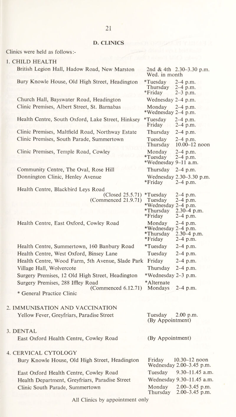 D. CLINICS Clinics were held as follows 1. CHILD HEALTH British Legion Hall, Hadow Road, New Marston 2nd & 4th 2.30-3.30 p.m. Wed. in month Bury Knowle House, Old High Street, Headington Church Hall, Bayswater Road, Headington Clinic Premises, Albert Street, St. Barnabas Health Centre, South Oxford, Lake Street, Hinksey Clinic Premises, Maltfield Road, Northway Estate Clinic Premises, South Parade, Summertown Clinic Premises, Temple Road, Cowley *Tuesday 2-4 p.m. Thursday 2-4 p.m. *Friday 2-3 p.m. Wednesday 2-4 p.m. Monday 2-4 p.m. *Wednesday 2-4 p.m. *Tuesday 2-4 p.m. Friday 2-4 p.m. Thursday 2-4 p.m. Tuesday 2-4 p.m. Thursday 10.00-12 noon Monday 2-4 p.m. *Tuesday 2-4 p.m. * Wednesday 9-11 a.m Community Centre, The Oval, Rose Hill Thursday 2-4 p.m. Donnington Clinic, Henley Avenue Wednesday 2.30-3.30 p.m. *Friday 2-4 p.m. Health Centre, Blackbird Leys Road (Closed 25.5.71) *Tuesday 2-4 p.m. (Commenced 21.9.71) Tuesday 2-4 p.m. *Wednesday 2-4 p.m. *Thursday 2.30-4 p.m. *Friday 2-4 p.m. Health Centre, East Oxford, Cowley Road Health Centre, Summertown, 160 Banbury Road Health Centre, West Oxford, Binsey Lane Health Centre, Wood Farm, 5th Avenue, Slade Park Village Hall, Wolvercote Surgery Premises, 12 Old High Street, Headington Monday 2-4 p.m. *Wednesday 2-4 p.m. *Thursday 2.30-4 p.m. *Friday 2-4 p.m. ^Tuesday 2-4 p.m. Tuesday 2-4 p.m. Friday 2-4 p.m. Thursday 2-4 p.m. *Wednesday 2-3 p.m. Surgery Premises, 288 Iffley Road (Commenced 6.12.71) * General Practice Clinic *Alternate Mondays 2-4 p.m. 2. IMMUNISATION AND VACCINATION Yellow Fever, Greyfriars, Paradise Street 3. DENTAL East Oxford Health Centre, Cowley Road Tuesday 2.00 p.m. (By Appointment) (By Appointment) 4. CERVICAL CYTOLOGY Bury Knowle House, Old High Street, Headington East Oxford Health Centre, Cowley Road Health Department, Greyfriars, Paradise Street Clinic South Parade, Summertown Friday 10.30-12 noon Wednesday 2.00-3.45 p.m. Tuesday 9.30-11.45 a.m. Wednesday 9.30-11.45 a.m. Monday 2.00-3.45 p.m. Thursday 2.00-3.45 p.m. All Clinics by appointment only