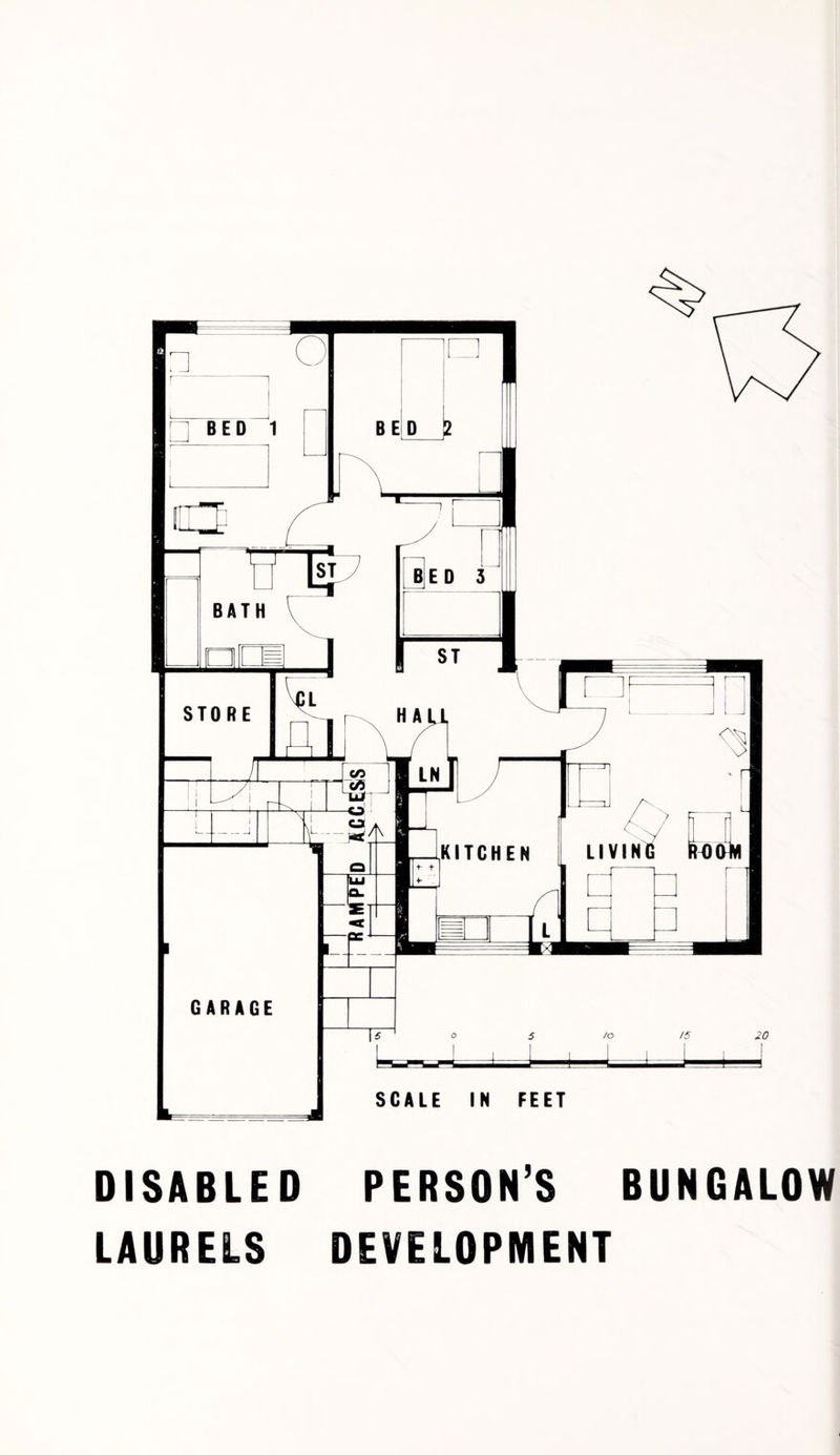 GARAGE Lo UJ S' A -- J 5 /o I I /5 20 SCALE IN FEET DISABLED PERSON’S BUNGALOW LAURELS DEVELOPMENT