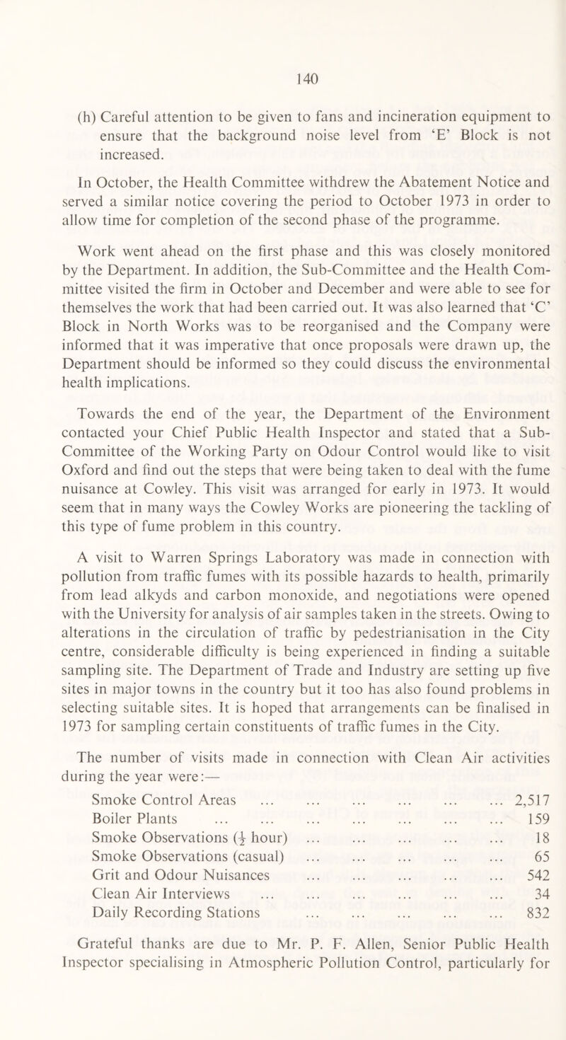 (h) Careful attention to be given to fans and incineration equipment to ensure that the background noise level from ‘E’ Block is not increased. In October, the Health Committee withdrew the Abatement Notice and served a similar notice covering the period to October 1973 in order to allow time for completion of the second phase of the programme. Work went ahead on the first phase and this was closely monitored by the Department. In addition, the Sub-Committee and the Health Com¬ mittee visited the firm in October and December and were able to see for themselves the work that had been carried out. It was also learned that ‘C’ Block in North Works was to be reorganised and the Company were informed that it was imperative that once proposals were drawn up, the Department should be informed so they could discuss the environmental health implications. Towards the end of the year, the Department of the Environment contacted your Chief Public Health Inspector and stated that a Sub- Committee of the Working Party on Odour Control would like to visit Oxford and find out the steps that were being taken to deal with the fume nuisance at Cowley. This visit was arranged for early in 1973. It would seem that in many ways the Cowley Works are pioneering the tackling of this type of fume problem in this country. A visit to Warren Springs Laboratory was made in connection with pollution from traffic fumes with its possible hazards to health, primarily from lead alkyds and carbon monoxide, and negotiations were opened with the University for analysis of air samples taken in the streets. Owing to alterations in the circulation of traffic by pedestrianisation in the City centre, considerable difficulty is being experienced in finding a suitable sampling site. The Department of Trade and Industry are setting up five sites in major towns in the country but it too has also found problems in selecting suitable sites. It is hoped that arrangements can be finalised in 1973 for sampling certain constituents of traffic fumes in the City. The number of visits made in connection with Clean Air activities during the year were:— Smoke Control Areas ... ... ... ... ... ... 2,517 Boiler Plants ... ... ... ... ... ... ... 159 Smoke Observations (-J hour) ... ... ... ... ... 18 Smoke Observations (casual) ... ... ... ... ... 65 Grit and Odour Nuisances ... ... ... ... ... 542 Clean Air Interviews ... ... ... ... ... ... 34 Daily Recording Stations ... ... ... ... ... 832 Grateful thanks are due to Mr. P. F. Allen, Senior Public Health Inspector specialising in Atmospheric Pollution Control, particularly for