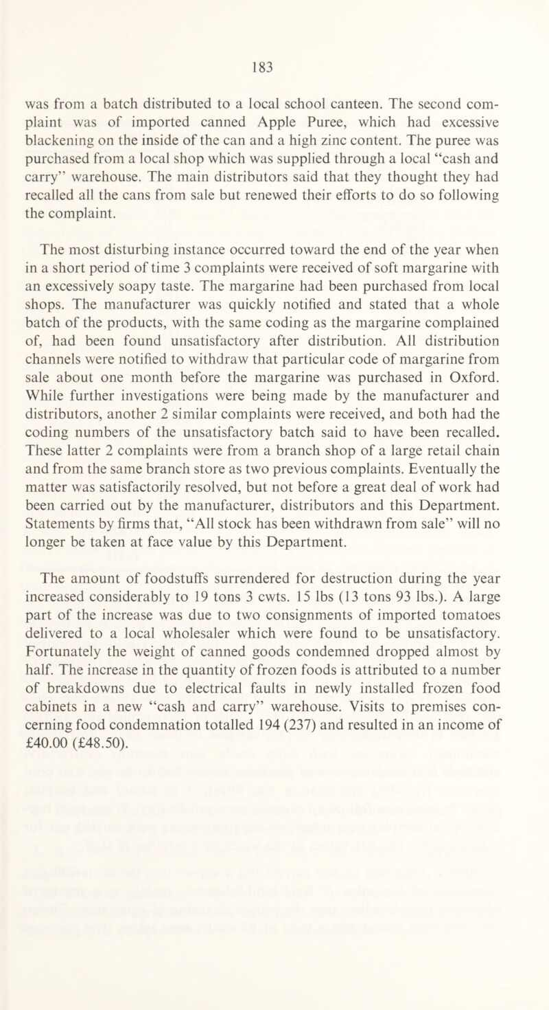 was from a batch distributed to a local school canteen. The second com¬ plaint was of imported canned Apple Puree, which had excessive blackening on the inside of the can and a high zinc content. The puree was purchased from a local shop which was supplied through a local “cash and carry” warehouse. The main distributors said that they thought they had recalled all the cans from sale but renewed their efforts to do so following the complaint. The most disturbing instance occurred toward the end of the year when in a short period of time 3 complaints were received of soft margarine with an excessively soapy taste. The margarine had been purchased from local shops. The manufacturer was quickly notified and stated that a whole batch of the products, with the same coding as the margarine complained of, had been found unsatisfactory after distribution. All distribution channels were notified to withdraw that particular code of margarine from sale about one month before the margarine was purchased in Oxford. While further investigations were being made by the manufacturer and distributors, another 2 similar complaints were received, and both had the coding numbers of the unsatisfactory batch said to have been recalled. These latter 2 complaints were from a branch shop of a large retail chain and from the same branch store as two previous complaints. Eventually the matter was satisfactorily resolved, but not before a great deal of work had been carried out by the manufacturer, distributors and this Department. Statements by firms that, “All stock has been withdrawn from sale” will no longer be taken at face value by this Department. The amount of foodstuffs surrendered for destruction during the year increased considerably to 19 tons 3 cwts. 15 lbs (13 tons 93 lbs.). A large part of the increase was due to two consignments of imported tomatoes delivered to a local wholesaler which were found to be unsatisfactory. Fortunately the weight of canned goods condemned dropped almost by half. The increase in the quantity of frozen foods is attributed to a number of breakdowns due to electrical faults in newly installed frozen food cabinets in a new “cash and carry” warehouse. Visits to premises con¬ cerning food condemnation totalled 194 (237) and resulted in an income of £40.00 (£48.50).