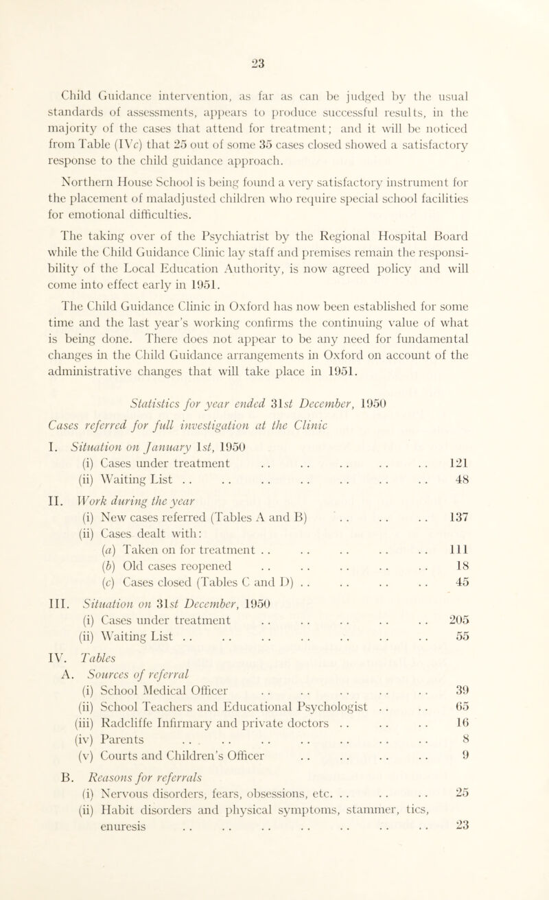 Child Guidance intervention, as far as can be judged by the usual standards of assessments, appears to produce successful results, in the majority of the cases that attend for treatment; and it will be noticed from Table (IVc) that 25 out of some 35 cases closed showed a satisfactory response to the child guidance approach. Northern House School is being found a very satisfactory instrument for the placement of maladjusted children who require special school facilities for emotional difficulties. The taking over of the Psychiatrist by the Regional Hospital Board while the Child Guidance Clinic lay staff and premises remain the responsi¬ bility of the Local Education Authority, is now agreed policy and will come into effect early in 1951. The Child Guidance Clinic in Oxford has now been established for some time and the last year’s working confirms the continuing value of what is being done. There does not appear to be any need for fundamental changes in the Child Guidance arrangements in Oxford on account of the administrative changes that will take place in 1951. Statistics for year ended 31 st December, 1950 Cases referred for full investigation at the Clinic I. Situation on January Is/, 1950 (i) Cases under treatment . . . . . . . . . . 121 (ii) Waiting List . . . . . . . . . . . . . . 48 II. Work during the year (i) New cases referred (Tables A and B) . . . . . . 137 (ii) Cases dealt with: (a) Taken on for treatment .. .. .. .. .. Ill (b) Old cases reopened . . . . . . . . .. 18 (c) Cases closed (Tables C and D) . . . . . . . . 45 III. Situation on 31s/ December, 1950 (i) Cases under treatment . . . . . . . . . . 205 (ii) Waiting List . . . . . . . . . . . . . . 55 IV. Tables A. Sources of referral (i) School Medical Officer . . . . . . . . . . 39 (ii) School Teachers and Educational Psychologist . . . . 65 (iii) Radcliffe Infirmary and private doctors . . . . . . 16 (iv) Parents . . . . . . . . . . . . . . 8 (v) Courts and Children’s Officer . . . . . . . . 9 B. Reasons for referrals (i) Nervous disorders, fears, obsessions, etc. . . . . . . 25 (ii) Habit disorders and physical symptoms, stammer, tics, enuresis 23