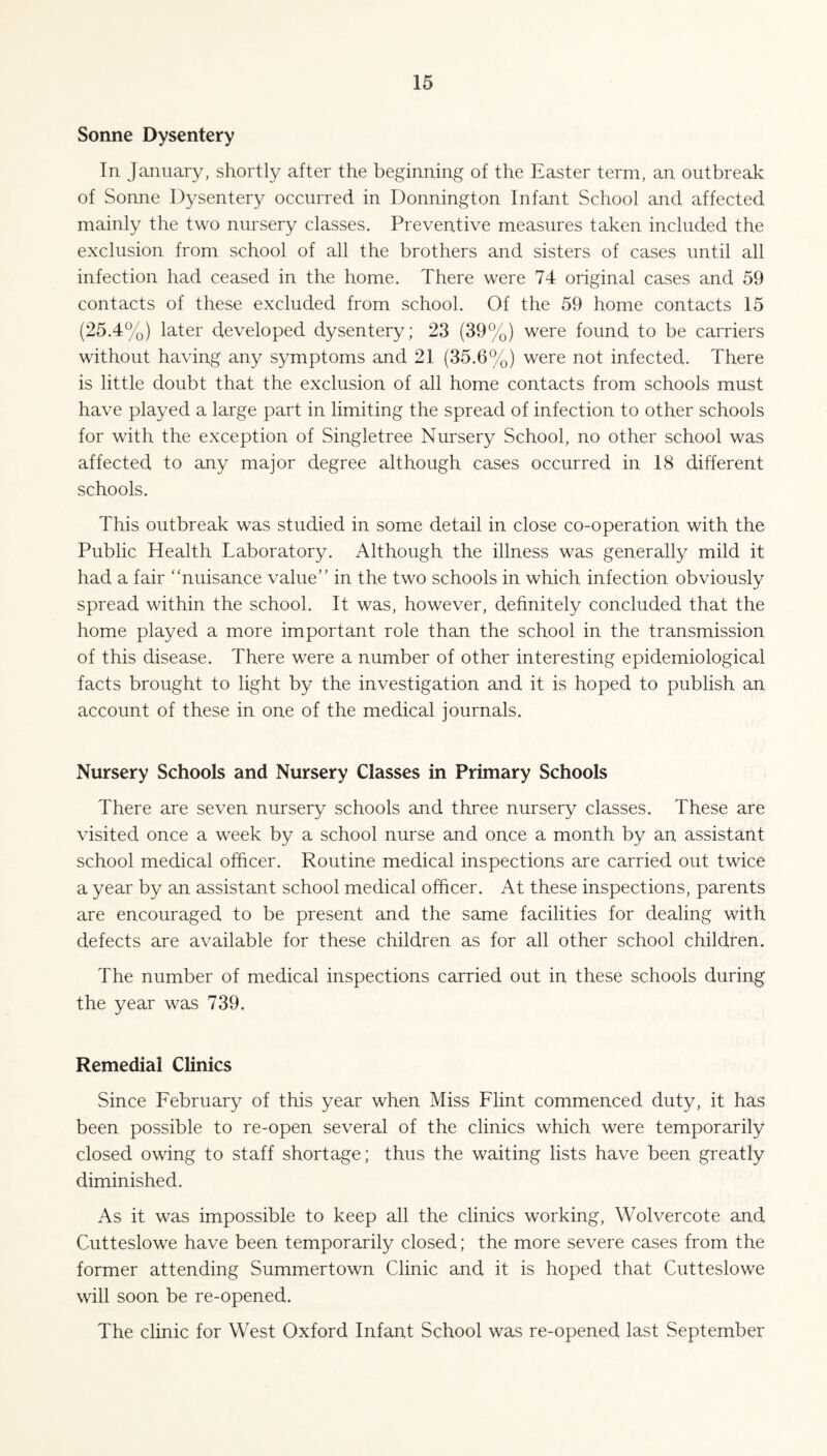 Sonne Dysentery In January, shortly after the beginning of the Easter term, an outbreak of Sonne Dysentery occurred in Donnington Infant School and affected mainly the two nursery classes. Preventive measures taken included the exclusion from school of all the brothers and sisters of cases until all infection had ceased in the home. There were 74 original cases and 59 contacts of these excluded from school. Of the 59 home contacts 15 (25.4%) later developed dysentery; 23 (39%) were found to be carriers without having any symptoms and 21 (35.6%) were not infected. There is little doubt that the exclusion of all home contacts from schools must have played a large part in limiting the spread of infection to other schools for with the exception of Singletree Nursery School, no other school was affected to any major degree although cases occurred in 18 different schools. This outbreak was studied in some detail in close co-operation with the Public Health Laboratory. Although the illness was generally mild it had a fair nuisance value in the two schools in which infection obviously spread within the school. It was, however, definitely concluded that the home played a more important role than the school in the transmission of this disease. There were a number of other interesting epidemiological facts brought to light by the investigation and it is hoped to publish an account of these in one of the medical journals. Nursery Schools and Nursery Classes in Primary Schools There are seven nursery schools and three nursery classes. These are visited once a week by a school nurse and once a month by an assistant school medical officer. Routine medical inspections are carried out twice a year by an assistant school medical officer. At these inspections, parents are encouraged to be present and the same facilities for dealing with defects are available for these children as for all other school children. The number of medical inspections carried out in these schools during the year was 739. Remedial Clinics Since February of this year when Miss Flint commenced duty, it has been possible to re-open several of the clinics which were temporarily closed owing to staff shortage; thus the waiting lists have been greatly diminished. As it was impossible to keep all the clinics working, Wolvercote and Cutteslowe have been temporarily closed; the more severe cases from the former attending Summertown Clinic and it is hoped that Cutteslowe will soon be re-opened. The clinic for West Oxford Infant School was re-opened last September