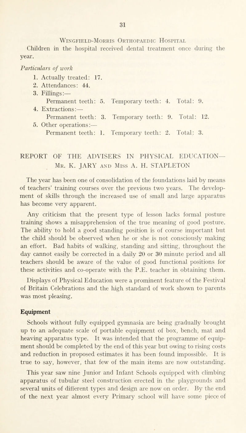 Wingfield-Morris Orthopaedic Hospital Children in the hospital received dental treatment once during the year. Particulars of work 1. Actually treated: 17. 2. Attendances: 44. 3. Fillings:— Permanent teeth: 5. Temporary teeth: 4. Total: 9. 4. Extractions:— Permanent teeth: 3. Temporary teeth: 9. Total: 12. 5. Other operations:— Permanent teeth: 1. Temporary teeth: 2. Total: 3. REPORT OF THE ADVISERS IN PHYSICAL EDUCATION— Mr. K. JARY and Miss A. H. STAPLETON The year has been one of consolidation of the foundations laid by means of teachers’ training courses over the previous two years. The develop¬ ment of skills through the increased use of small and large apparatus has become very apparent. Any criticism that the present type of lesson lacks formal posture training shows a misapprehension of the true meaning of good posture. The ability to hold a good standing position is of course important but the child should be observed when he or she is not consciously making an effort. Bad habits of walking, standing and sitting, throughout the day cannot easily be corrected in a daily 20 or 30 minute period and all teachers should be aware of the value of good functional positions for these activities and co-operate with the P.E. teacher in obtaining them. Displays of Physical Education were a prominent feature of the Festival of Britain Celebrations and the high standard of work shown to parents was most pleasing. Equipment Schools without fully equipped gymnasia are being gradually brought up to an adequate scale of portable equipment of box, bench, mat and heaving apparatus type. It was intended that the programme of equip¬ ment should be completed by the end of this year but owing to rising costs and reduction in proposed estimates it has been found impossible. It is true to say, however, that few of the main items are now outstanding. This year saw nine Junior and Infant Schools equipped with climbing apparatus of tubular steel construction erected in the playgrounds and several units of different types and design are now on order. By the end of the next year almost every Primary school will have some piece of
