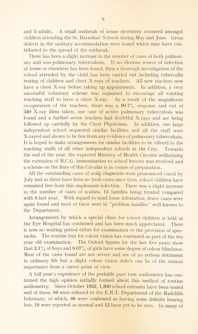 and 5 adults. A small outbreak of sonne dysentery occurred amongst children attending the St. Barnabas’ Schools during May and June. Gross defects in the sanitary accommodation were found which may have con¬ tributed to the spread of the outbreak. There has been a slight increase in the number of cases of both pulmon¬ ary and non-pulmonary tuberculosis. If no obvious source of infection at home or elsewhere has been found, then a thorough investigation of the school attended by the child has been carried out including tuberculin testing of children and chest X-rays of teachers. All new teachers now have a chest X-ray before taking up appointment. In addition, a very successful voluntary scheme was organised to encourage all existing teaching staff to have a chest X-ray. As a result of the magnificent co-operation of the teachers, there was a 90.7% response and out of 540 X-ray films taken, one case of active pulmonary tuberculosis was found and a further seven teachers had doubtful X-rays and are being followed up carefully by the Chest Physicians. In addition, one large independent school requested similar facilities and all the staff were X-rayed and shown to be free from any evidence of pulmonary tuberculosis. It is hoped to make arrangements for similar facilities to be offered to the teaching staffs of all other independent schools in the City. Towards the end of the year, the expected Ministry of Health Circular authorising the extension of B.C.G. immunisation to school leavers was received and a scheme on the lines of this Circular is in course of preparation. All the outstanding cases of scalp ringworm were pronounced cured by July and as there have been no fresh cases since then, school children have remained free from this unpleasant infection. There was a slight increase in the number of cases of scabies, 15 families being treated compared with 8 last year. With regard to head louse infestation, fewer cases were again found and most of these were in “problem families” well-known to the Department. Arrangements by which a special clinic for school children is held at the Eye Hospital has continued and has been much appreciated. There is now no waiting period either for examination or the provision of spec¬ tacles. The routine test for colour vision has continued as part of the ten year old examination. The Oxford figures for the last five years show that 3.1% of boys and 0.07% of girls have some degree of colour blindness. Most of the cases found are not severe and are of no serious detriment in ordinary life but a slight colour vision defect can be of the utmost importance from a career point of view. A full year’s experience of the portable pure tone audiometer has con¬ firmed the high opinion initially formed about this method of routine audiometry. Since October 1952, 1,300 school entrants have been tested and of these, 88 were referred to the E.N.T. Department of the Radcliffe Infirmary, of which, 66 were confirmed as having some definite hearing- loss, 10 were reported as normal and 12 have yet to be seen. In many of