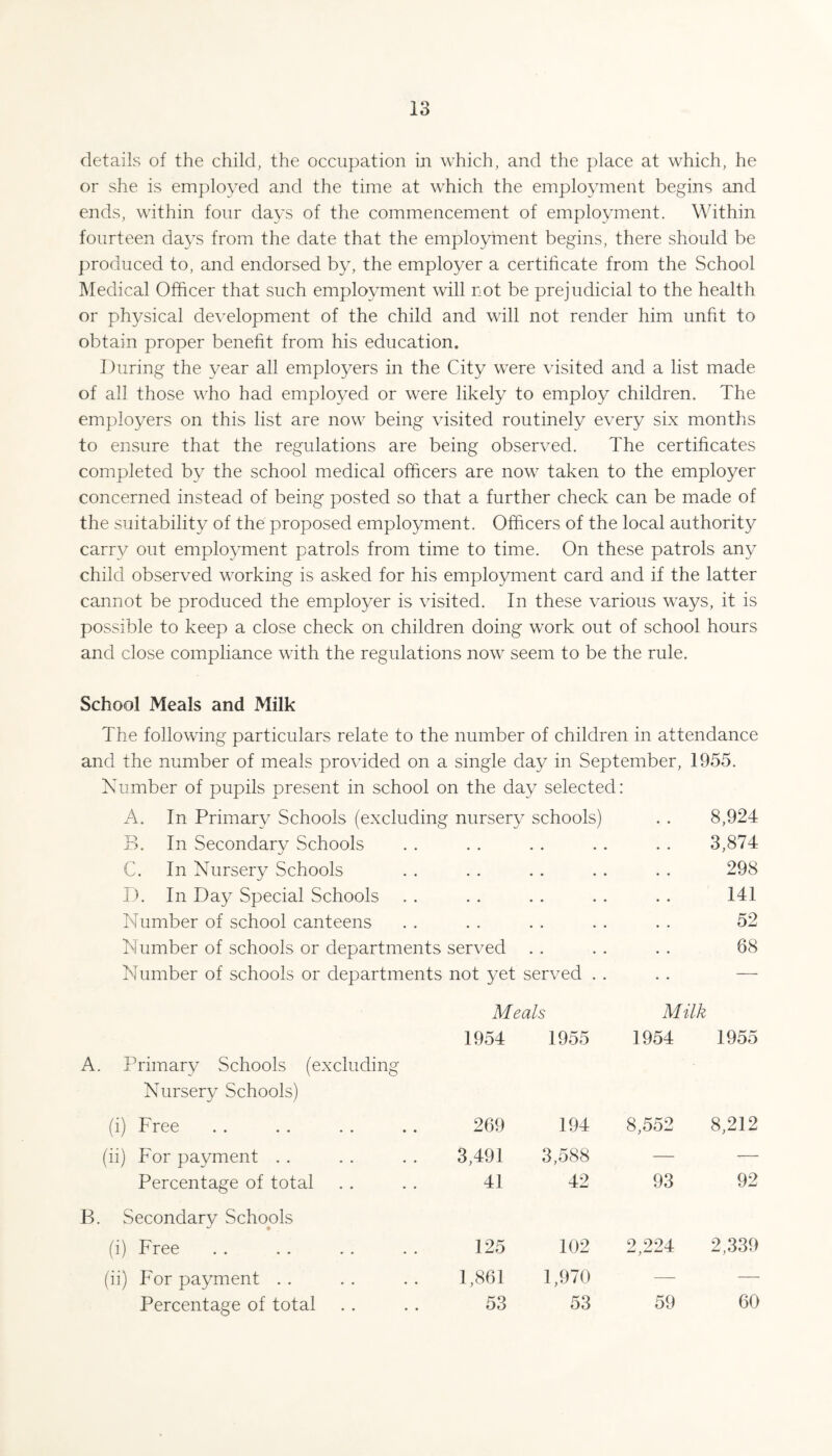 details of the child, the occupation in which, and the place at which, he or she is employed and the time at which the employment begins and ends, within four days of the commencement of employment. Within fourteen days from the date that the employment begins, there should be produced to, and endorsed by, the employer a certihcate from the School Medical Officer that such employment will not be prejudicial to the health or physical development of the child and will not render him unfit to obtain proper benefit from his education. During the year all employers in the City were visited and a list made of all those who had employed or were likely to employ children. The employers on this list are now being visited routinely every six months to ensure that the regulations are being observed. The certificates completed by the school medical officers are now taken to the employer concerned instead of being posted so that a further check can be made of the suitability of the proposed employment. Officers of the local authority carry out employment patrols from time to time. On these patrols any child observed working is asked for his employment card and if the latter cannot be produced the employer is visited. In these various ways, it is possible to keep a close check on children doing work out of school hours and close compliance with the regulations now seem to be the rule. School Meals and Milk The following particulars relate to the number of children in attendance and the number of meals provided on a single day in September, 1955. Number of pupils present in school on the day selected: A. In Primary Schools (excluding nursery schools) - . 8,924 ?). In Secondary Schools • • ■ ■ * * • • 3,874 C. In Nursery Schools • • • • « • • • 298 D. In Day Special Schools . . • • • • . . 141 Number of school canteens • • • • • • • . 52 Number of schools or departments served • • . • • • 68 Number of schools or departments not yet served . . Meals Milk 1954 1955 1954 1955 A. Primary Schools (excluding Nursery Schools) (i) Free 269 194 8,552 8,212 (ii) For payment . . 3,491 3,588 — — Percentage of total 41 42 93 92 B. Secondary Schools (i) Free 125 102 2,224 2,339 (ii) For payment . . 1,861 1,970 —' — Percentage of total 53 53 59 60