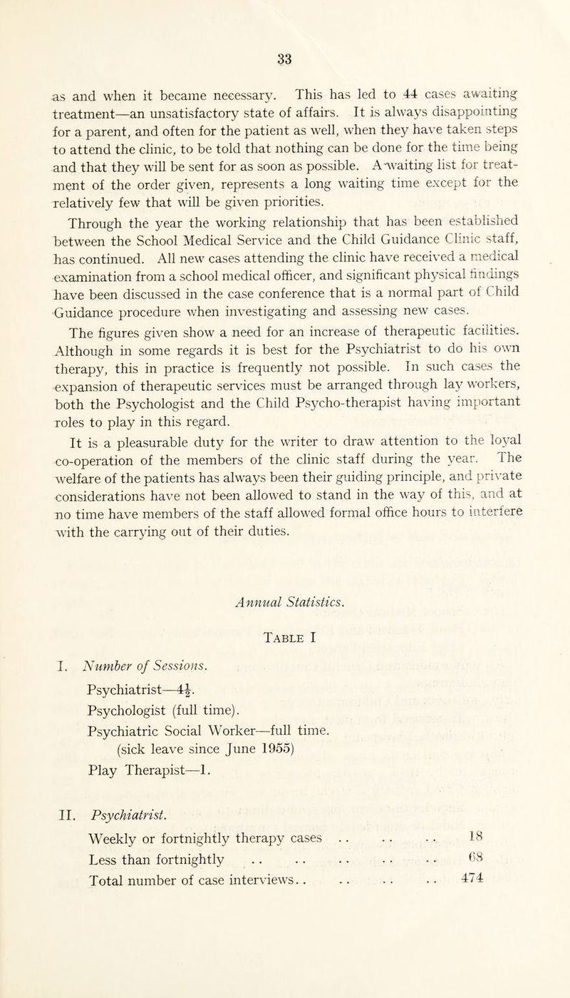 as and when it became necessary. This has led to 44 cases awaiting treatment—an unsatisfactory state of affairs. It is always disappointing for a parent, and often for the patient as well, when they have taken steps to attend the clinic, to be told that nothing can be done for the time being and that they will be sent for as soon as possible. A-^vaiting list for treat¬ ment of the order given, represents a long waiting time except for the relatively few that will be given priorities. Through the year the working relationship that has been established between the School Medical Service and the Child Guidance Clinic staff, has continued. All new cases attending the clinic have received a medical examination from a school medical officer, and significant physical findings have been discussed in the case conference that is a normal part of Child Guidance procedure when investigating and assessing new cases. The figures given show a need for an increase of therapeutic facilities. Although in some regards it is best for the Psychiatrist to do his own therapy, this in practice is frequently not possible. In such cases the expansion of therapeutic services must be arranged through lay workers, both the Psychologist and the Child Psycho-therapist having important roles to play in this regard. It is a pleasurable duty for the writer to draw attention to the loyal co-operation of the members of the clinic staff during the year. The welfare of the patients has always been their guiding principle, and private considerations have not been allowed to stand in the way of this, and at no time have members of the staff allow^ed formal office hours to interfere with the carrying out of their duties. Annual Statistics. Table I I. Number of Sessions. Psychiatrist—4 J. Psychologist (full time). Psychiatric Social Worker—full time, (sick leave since June 1955) Play Therapist—I. II. Psychiatrist. Weekly or fortnightly therapy cases . Less than fortnightly Total number of case interviews..