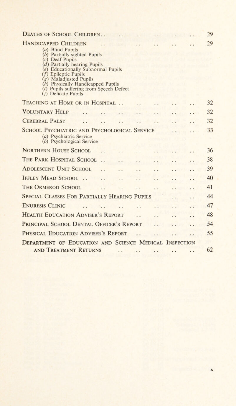 Deaths of School Children. 29 Handicapped Children . 29 (<a) Blind Pupils (b) Partially sighted Pupils (c) Deaf Pupils (d) Partially hearing Pupils (e) Educationally Subnormal Pupils (/) Epileptic Pupils (,g) Maladjusted Pupils (jh) Physically Handicapped Pupils O') Pupils suffering from Speech Defect O') Delicate Pupils Teaching at Home or in Hospital .. .. .. .. .. 32 Voluntary Help . 32 Cerebral Palsy . 32 School Psychiatric and Psychological Service .. .. 33 (a) Psychiatric Service Cb) Psychological Service Northern House School. 36 The Park Hospital School. 38 Adolescent Unit School. 39 Iffley Mead School. 40 The Ormerod School . 41 Special Classes For Partially Hearing Pupils .. .. 44 Enuresis Clinic . 47 Health Education Adviser’s Report . 48 Principal School Dental Officer’s Report . 54 Physical Education Adviser’s Report. 55 Department of Education and Science Medical Inspection and Treatment Returns . 62 A