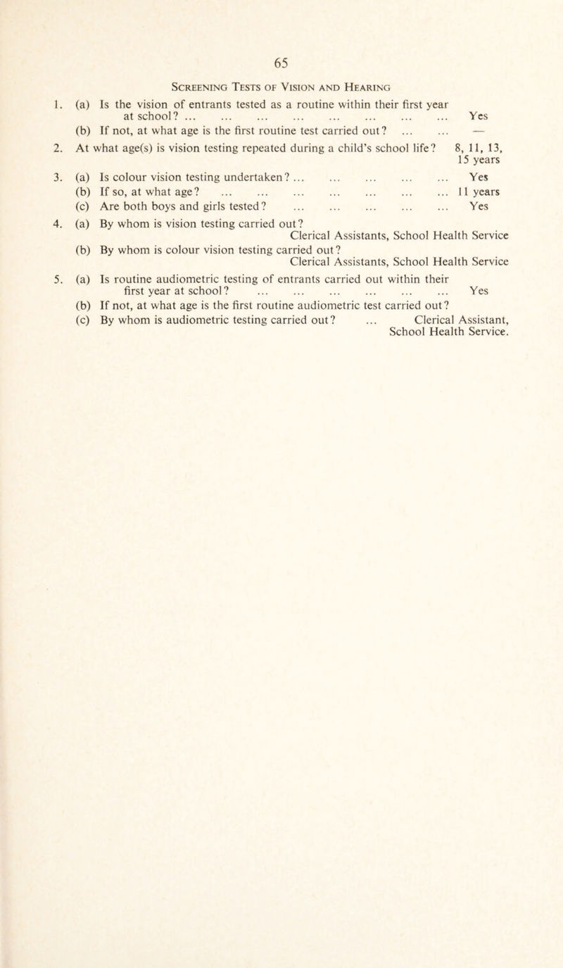 Screening Tests of Vision and Hearing 1. (a) Is the vision of entrants tested as a routine within their first year at school?. Yes (b) If not, at what age is the first routine test carried out ? . — 2. At what age(s) is vision testing repeated during a child’s school life? 8, 11, 13, 15 years 3. (a) Is colour vision testing undertaken ?. Yes (b) If so, at what age? . . 11 years (c) Are both boys and girls tested ? . Yes 4. (a) By whom is vision testing carried out? Clerical Assistants, School Health Service (b) By whom is colour vision testing carried out? Clerical Assistants, School Health Service 5. (a) Is routine audiometric testing of entrants carried out within their first year at school? ... ... ... ... ... ... Yes (b) If not, at what age is the first routine audiometric test carried out? (c) By whom is audiometric testing carried out? ... Clerical Assistant, School Health Service.