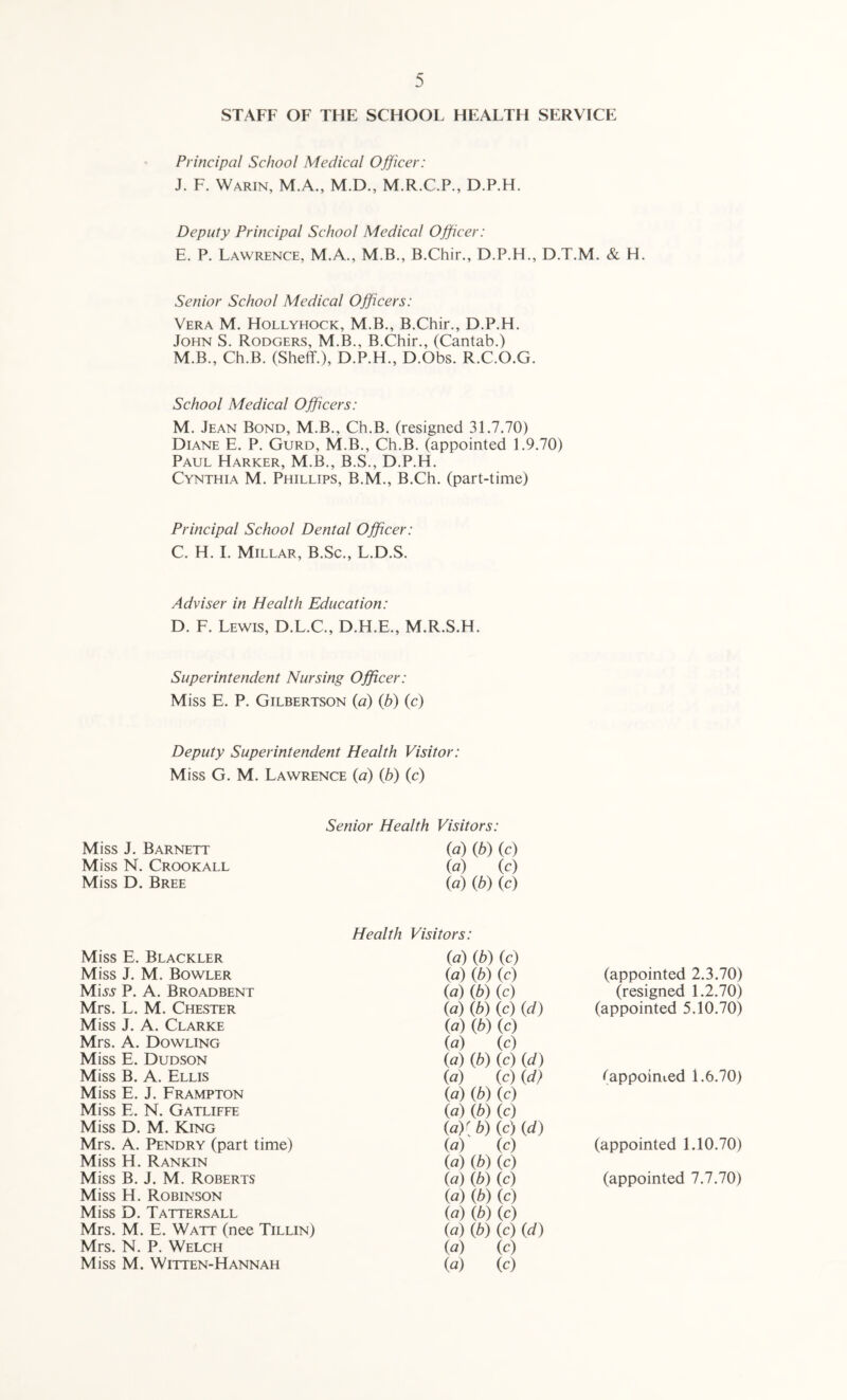 STAFF OF THE SCHOOL HEALTH SERVICE Principal School Medical Officer: J. F. Warin, M.A., M.D., M.R.C.P., D.P.H. Deputy Principal School Medical Officer: E. P. Lawrence, M.A., M.B., B.Chir., D.P.H., D.T.M. & H. Senior School Medical Officers: Vera M. Hollyhock, M.B., B.Chir., D.P.H. John S. Rodgers, M.B., B.Chir., (Cantab.) M.B., Ch.B. (Sheff.), D.P.H., D.Obs. R.C.O.G. School Medical Officers: M. Jean Bond, M.B., Ch.B. (resigned 31.7.70) Diane E. P. Gurd, M.B., Ch.B. (appointed 1.9.70) Paul Harker, M.B., B.S., D.P.H. Cynthia M. Phillips, B.M., B.Ch. (part-time) Principal School Dental Officer: C. H. I. Millar, B.Sc., L.D.S. Adviser in Health Education: D. F. Lewis, D.L.C., D.H.E., M.R.S.H. Superintendent Nursing Officer: Miss E. P. Gilbertson (a) (b) (c) Deputy Superintendent Health Visitor: Miss G. M. Lawrence (a) (b) (c) Senior Health Visitors: Miss J. Barnett (a) (b) (c) Miss N. Crookall (a) (c) Miss D. Bree (a) (b) (c) Health Visitors: Miss E. Blackler {a) (b) (c) Miss J. M. Bowler {a) (b) (c) (appointed 2.3.70) Miss P. A. Broadbent (a) (b) (c) (resigned 1.2.70) Mrs. L. M. Chester (a) (b) (c) {d) (appointed 5.10.70) Miss J. A. Clarke (a) \b) (c) Mrs. A. Dowling (a) (c) Miss E. Dudson (a) (b) (c) (d) Miss B. A. Ellis («) (c) {d} ^appointed 1.6.70) Miss E. J. Frampton (a) (b) (c) Miss E. N. Gatliffe (a) (b) (c) Miss D. M. King (a){ b) (c) (d) Mrs. A. Pendry (part time) (a) (c) (appointed 1.10.70) Miss H. Rankin (a) (b) (c) Miss B. J. M. Roberts (a) (b) (c) (appointed 7.7.70) Miss H. Robinson (a) (b) (c) Miss D. Tattersall (a) \b) (c) Mrs. M. E. Watt (nee Tillin) (a) (b) (c) (d) Mrs. N. P. Welch (a) (c) Miss M. Witten-Hannah (a) (c)