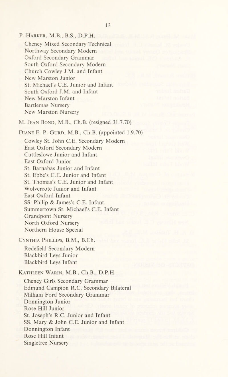 P. Harker, M.B., B.S., D.P.H. Cheney Mixed Secondary Technical Northway Secondary Modern Oxford Secondary Grammar South Oxford Secondary Modern Church Cowley J.M. and Infant New Marston Junior St. Michael’s C.E. Junior and Infant South Oxford J.M. and Infant New Marston Infant Bartlemas Nursery New Marston Nursery M. Jean Bond, M.B., Ch.B. (resigned 31.7.70) Diane E. P. Gurd, M.B., Ch.B. (appointed 1.9.70) Cowley St. John C.E. Secondary Modern East Oxford Secondary Modern Cuttleslowe Junior and Infant East Oxford Junior St. Barnabas Junior and Infant St. Ebbe’s C.E. Junior and Infant St. Thomas’s C.E. Junior and Infant Wolvercote Junior and Infant East Oxford Infant SS. Philip & James’s C.E. Infant Summertown St. Michael’s C.E. Infant Grandpont Nursery North Oxford Nursery Northern House Special Cynthia Phillips, B.M., B.Ch. Redefield Secondary Modern Blackbird Leys Junior Blackbird Leys Infant Kathleen Warin, M.B., Ch.B., D.P.H. Cheney Girls Secondary Grammar Edmund Campion R.C. Secondary Bilateral Milham Ford Secondary Grammar Donnington Junior Rose Hill Junior St. Joseph’s R.C. Junior and Infant SS. Mary & John C.E. Junior and Infant Donnington Infant Rose Hill Infant Singletree Nursery