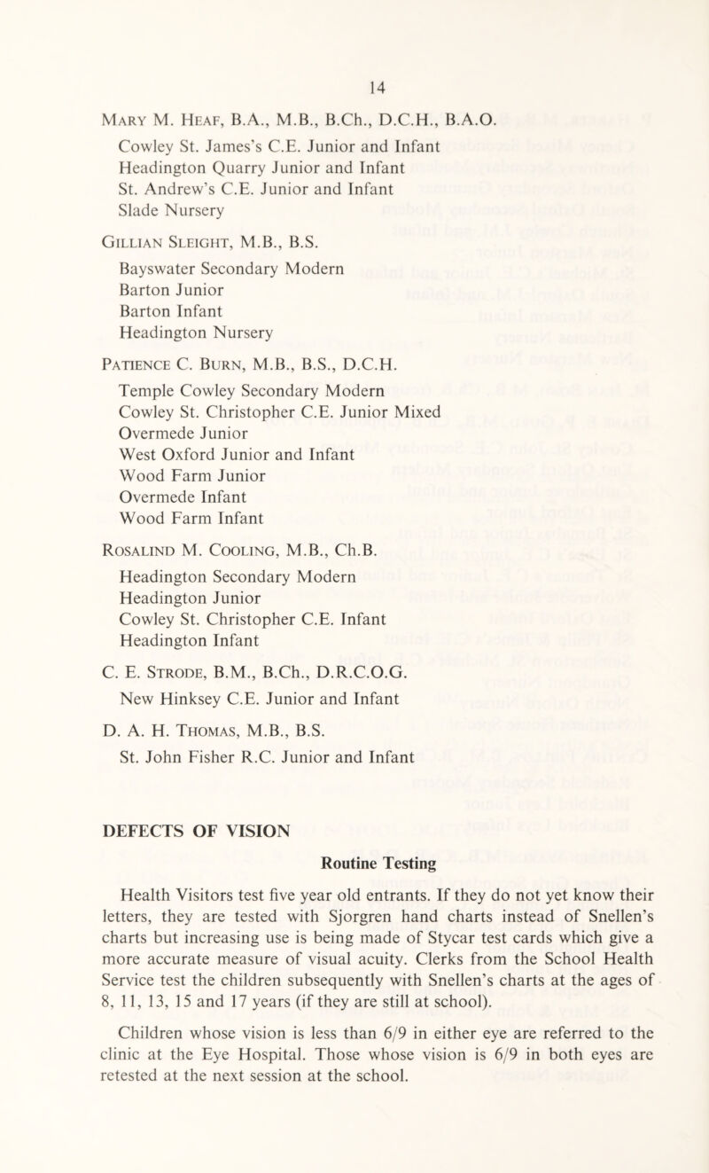 Mary M. Heaf, B.A., M.B., B.Ch., D.C.H., B.A.O. Cowley St. James’s C.E. Junior and Infant Headington Quarry Junior and Infant St. Andrew’s C.E. Junior and Infant Slade Nursery Gillian Sleight, M.B., B.S. Bayswater Secondary Modern Barton Junior Barton Infant Headington Nursery Patience C. Burn, M.B., B.S., D.C.H. Temple Cowley Secondary Modern Cowley St. Christopher C.E. Junior Mixed Overmede Junior West Oxford Junior and Infant Wood Farm Junior Overmede Infant Wood Farm Infant Rosalind M. Cooling, M.B., Ch.B. Headington Secondary Modern Headington Junior Cowley St. Christopher C.E. Infant Headington Infant C. E. Strode, B.M., B.Ch., D.R.C.O.G. New Hinksey C.E. Junior and Infant D. A. H. Thomas, M.B., B.S. St. John Fisher R.C. Junior and Infant DEFECTS OF VISION Routine Testing Health Visitors test five year old entrants. If they do not yet know their letters, they are tested with Sjorgren hand charts instead of Snellen’s charts but increasing use is being made of Stycar test cards which give a more accurate measure of visual acuity. Clerks from the School Health Service test the children subsequently with Snellen’s charts at the ages of 8, 11, 13, 15 and 17 years (if they are still at school). Children whose vision is less than 6/9 in either eye are referred to the clinic at the Eye Hospital. Those whose vision is 6/9 in both eyes are retested at the next session at the school.