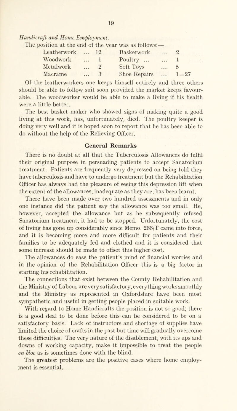 Handicraft and Home Employment. The position at the end of the year was as follows:— Leatherwork ... 12 Basketwork ... 2 Woodwork ... 1 Poultry ... ... 1 Metalwork ... 2 Soft Toys ... 5 Macrame ... 3 Shoe Repairs ... 1=27 Of the leatherworkers one keeps himself entirely and three others should be able to follow suit soon provided the market keeps favour¬ able. The woodworker would be able to make a living if his health were a little better. The best basket maker who showed signs of making quite a good living at this work, has, unfortunately, died. The poultry keeper is doing very well and it is hoped soon to report that he has been able to do without the help of the Relieving Officer. General Remarks There is no doubt at all that the Tuberculosis Allowances do fulfil their original purpose in persuading patients to accept Sanatorium treatment. Patients are frequently very depressed on being told they have tuberculosis and have to undergo treatment but the Rehabilitation Officer has always had the pleasure of seeing this depression lift when the extent of the allowances, inadequate as they are, has been learnt. There have been made over two hundred assessments and in only one instance did the patient say the allowance was too small. He, however, accepted the allowance but as he subsequently refused Sanatorium treatment, it had to be stopped. Unfortunately, the cost of living has gone up considerably since Memo. 266/T came into force, and it is becoming more and more difficult for patients and their families to be adequately fed and clothed and it is considered that some increase should be made to offset this higher cost. The allowances do ease the patient's mind of financial worries and in the opinion of the Rehabilitation Officer this is a big factor in starting his rehabilitation. The connections that exist between the County Rehabilitation and the Ministry of Labour are very satisfactory, everything works smoothly and the Ministry as represented in Oxfordshire have been most sympathetic and useful in getting people placed in suitable work. With regard to Home Handicrafts the position is not so good; there is a good deal to be done before this can be considered to be on a satisfactory basis. Lack of instructors and shortage of supplies have limited the choice of crafts in the past but time will gradually overcome these difficulties. The very nature of the disablement, with its ups and downs of working capacity, make it impossible to treat the people en bloc as is sometimes done with the blind. The greatest problems are the positive cases where home employ¬ ment is essential.