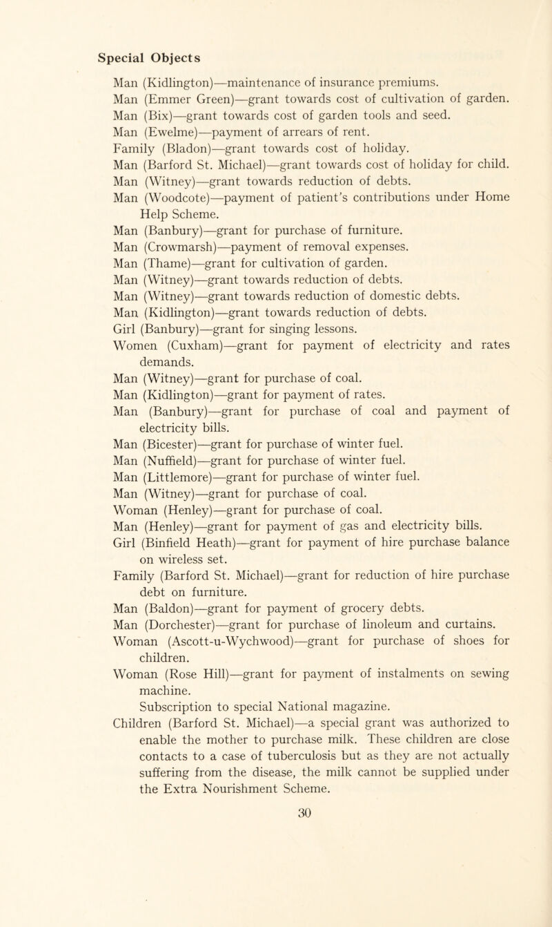 Special Objects Man (Kidlington)—maintenance of insurance premiums. Man (Emmer Green)—grant towards cost of cultivation of garden. Man (Bix)—grant towards cost of garden tools and seed. Man (Ewelme)—payment of arrears of rent. Family (Bladon)—grant towards cost of holiday. Man (Barford St. Michael)—grant towards cost of holiday for child. Man (Witney)—grant towards reduction of debts. Man (Woodcote)—payment of patient’s contributions under Home Help Scheme. Man (Banbury)—grant for purchase of furniture. Man (Crowmarsh)—payment of removal expenses. Man (Thame)—grant for cultivation of garden. Man (Witney)—grant towards reduction of debts. Man (Witney)—grant towards reduction of domestic debts. Man (Kidlington)—grant towards reduction of debts. Girl (Banbury)—grant for singing lessons. Women (Cuxham)—grant for payment of electricity and rates demands. Man (Witney)—grant for purchase of coal. Man (Kidlington)—grant for payment of rates. Man (Banbury)—grant for purchase of coal and payment of electricity bills. Man (Bicester)—grant for purchase of winter fuel. Man (Nuffield)—grant for purchase of winter fuel. Man (Littlemore)—grant for purchase of winter fuel. Man (Witney)—grant for purchase of coal. Woman (Henley)—grant for purchase of coal. Man (Henley)—grant for payment of gas and electricity bills. Girl (Binfield Heath)—grant for payment of hire purchase balance on wireless set. Family (Barford St. Michael)—grant for reduction of hire purchase debt on furniture. Man (Baldon)—grant for payment of grocery debts. Man (Dorchester)—grant for purchase of linoleum and curtains. Woman (Ascott-u-Wychwood)—grant for purchase of shoes for children. Woman (Rose Hill)—grant for payment of instalments on sewing machine. Subscription to special National magazine. Children (Barford St. Michael)—a special grant was authorized to enable the mother to purchase milk. These children are close contacts to a case of tuberculosis but as they are not actually suffering from the disease, the milk cannot be supplied under the Extra Nourishment Scheme.