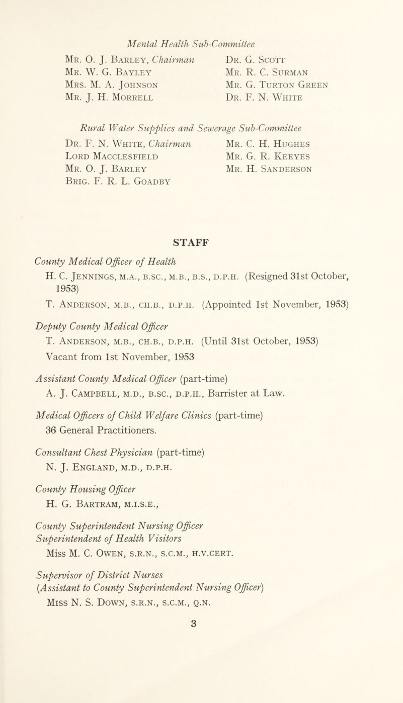 Mental Health Sub-Committee Mr. O. J. Barley, Chairman Mr. W. G. Bayley Mrs. M. A. Johnson Mr. J. H. Morrell Dr. G. Scott Mr. R. C. Surman Mr. G. Turton Green Dr. F. N. White Rural Water Supplies and Sewerage Sub-Committee Dr. F. N. White, Chairman Lord Macclesfield Mr. O. J. Barley Brig. F. R. L. Goadby Mr. C. H. Hughes Mr. G. R. Keeyes Mr. H. Sanderson STAFF County Medical Officer of Health H. C. Jennings, m.a., b.sc., m.b., b.s., d.p.h. (Resigned 31st October, 1953) T. Anderson, m.b., ch.b., d.p.h. (Appointed 1st November, 1953) Deputy County Medical Officer T. Anderson, m.b., ch.b., d.p.h. (Until 31st October, 1953) Vacant from 1st November, 1953 Assistant County Medical Officer (part-time) A. J. Campbell, m.d., b.sc., d.p.h., Barrister at Law. Medical Officers of Child Welfare Clinics (part-time) 36 General Practitioners. Consultant Chest Physician (part-time) N. J. England, m.d., d.p.h. County Housing Officer H. G. Bartram, M.I.S.E., County Superintendent Nursing Officer Superintendent of Health Visitors Miss M. C. Owen, s.r.n., s.c.m., h.v.cert. Supervisor of District Nurses [Assistant to County Superintendent Nursing Officer) Miss N. S. Down, s.r.n., s.c.m., q.n.