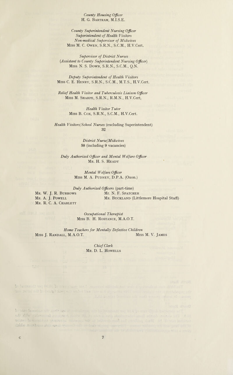 County Housing Officer H. G. Bartram, M.I.S.E. County Superintendent Nursing Officer Superintendent of Health Visitors Non-medical Supervisor of Midwives Miss M. C. Owen, S.R.N., S.C.M., H.V.Cert. Supervisor of District Nurses {Assistant to County Superintendent Nursing Officer) Miss N. S. Down, S.R.N., S.C.M., Q.N. Deputy Superintendent of Health Visitors Miss C. E. Henry, S.R.N., S.C.M., M.T.S., H.V.Cert. Relief Health Visitor and Tuberculosis Liaison Officer Miss M. Sharpe, S.R.N., R.M.N., H.V.Cert, Health Visitor Tutor Miss B. Cox, S.R.N., S.C.M., H.V.Cert. Health VisitorsjSchool Nurses (excluding Superintendent) 32 District Nurse/Midwives 58 (including 9 vacancies) Duly Authorized Officer and Mental Welfare Officer Mr. H. S. Heady Mental Welfare Officer Miss M. A. Pudney, D.P.A. (Oxon.) Duly Authorized Officers (part-time) Mr. W. J. R. Burrows Mr. N. F. Spatcher Mr. a. j. Powell Mr. Buckland (Littlemore Hospital Staff) Mr. R. C. a. Charlett Occupational Therapist Miss B. H. Rostance, M.A.O.T. Home Teachers for Mentally Defective Children Miss J. Randall, M.A.O.T. Miss M. V. James Chief Clerk Mr. D. L. Howells I’.: