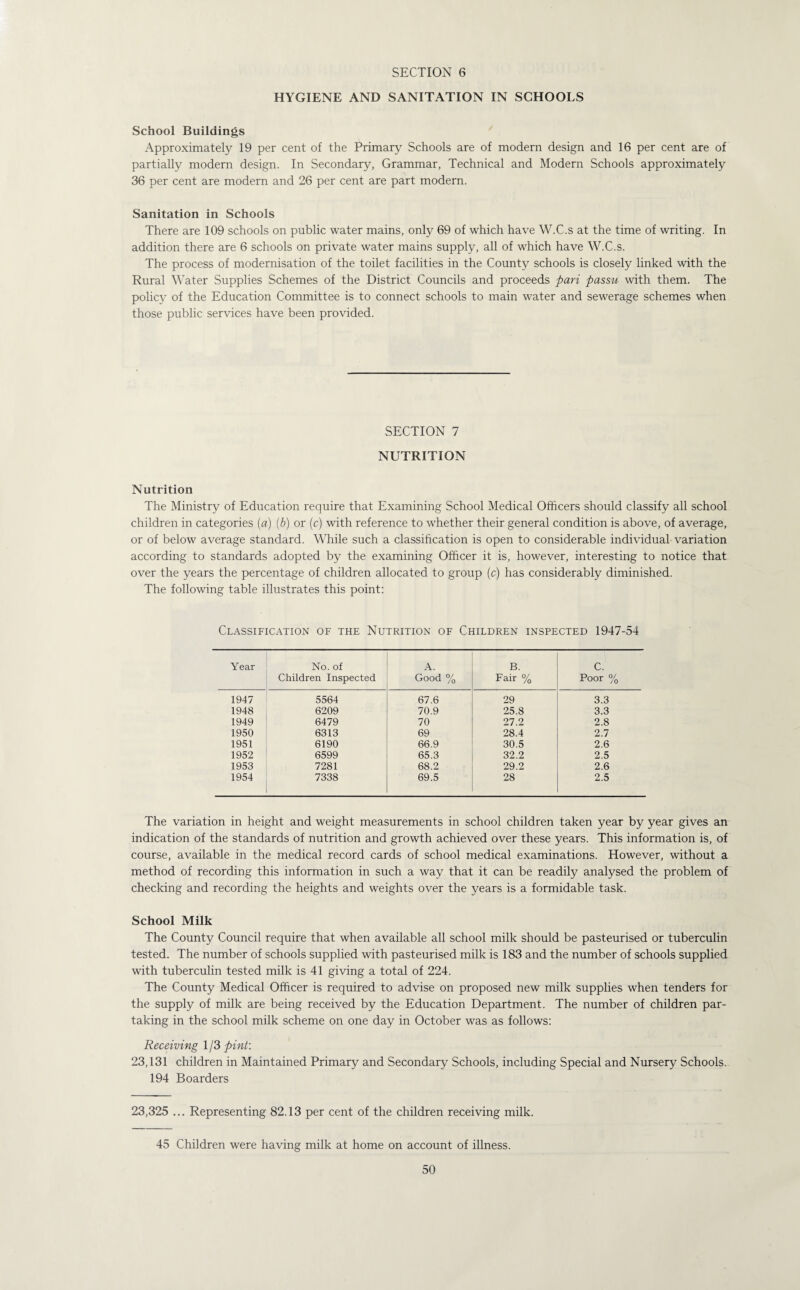 SECTION 6 HYGIENE AND SANITATION IN SCHOOLS School Buildings Approximately 19 per cent of the Primary Schools are of modern design and 16 per cent are of partially modern design. In Secondary, Grammar, Technical and Modern Schools approximately 36 per cent are modern and 26 per cent are part modern. Sanitation in Schools There are 109 schools on public water mains, only 69 of which have W.C.s at the time of writing. In addition there are 6 schools on private water mains supply, all of which have W.C.s. The process of modernisation of the toilet facilities in the County schools is closely linked with the Rural Water Supplies Schemes of the District Councils and proceeds pari passu with them. The policy of the Education Committee is to connect schools to main water and sewerage schemes when those public services have been provided. SECTION 7 NUTRITION Nutrition The Ministry of Education require that Examining School Medical Officers should classify all school children in categories {a) (b) or (c) with reference to whether their general condition is above, of average, or of below average standard. While such a classification is open to considerable individual variation according to standards adopted by the examining Officer it is, however, interesting to notice that over the years the percentage of children allocated to group (c) has considerably diminished. The following table illustrates this point: Classification of the Nutrition of Children inspected 1947-54 Year No. of Children Inspected A. Good % B. Fair % C. Poor % 1947 5564 67.6 29 3.3 1948 6209 70.9 25.8 3.3 1949 6479 70 27.2 2.8 1950 6313 69 28.4 2.7 1951 6190 66.9 30.5 2.6 1952 6599 65.3 32.2 2.5 1953 7281 68.2 29.2 2.6 1954 7338 69.5 28 2.5 The variation in height and weight measurements in school children taken year by year gives an indication of the standards of nutrition and growth achieved over these years. This information is, of course, available in the medical record cards of school medical examinations. However, without a method of recording this information in such a way that it can be readily analysed the problem of checking and recording the heights and weights over the years is a formidable task. School Milk The County Council require that when available all school milk should be pasteurised or tuberculin tested. The number of schools supplied with pasteurised milk is 183 and the number of schools supplied with tuberculin tested milk is 41 giving a total of 224. The County Medical Officer is required to advise on proposed new milk supplies when tenders for the supply of milk are being received by the Education Department. The number of children par¬ taking in the school milk scheme on one day in October was as follows: Receiving 1 /3 pint 23,131 children in Maintained Primary and Secondary Schools, including Special and Nursery Schools. 194 Boarders 23,325 ... Representing 82.13 per cent of the children receiving milk. 45 Children were having milk at home on account of illness.