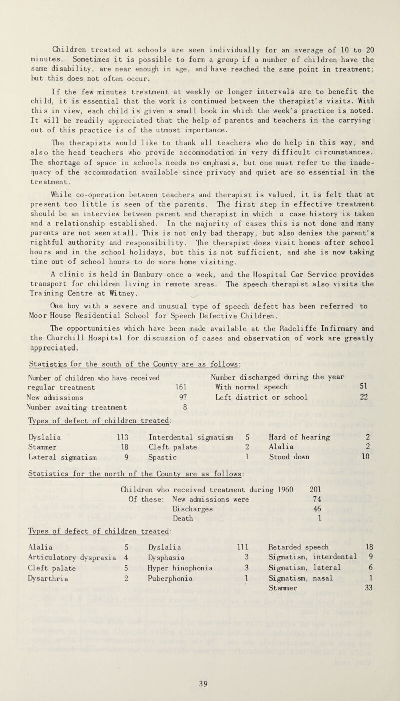 Children treated at schools are seen individually for an average of 10 to 20 minutes. Sometimes it is possible to form a group if a number of children have the same disability, are near enough in age, and have reached the same point in treatment; but this does not often occur. If the few minutes treatment at weekly or longer intervals are to benefit the child, it is essential that the work is continued between the therapist’s visits. With this in view, each child is given a small book in which the week’s practice is noted. It will be readily appreciated that the help of parents and teachers in the carrying out of this practice is of the utmost importance. The therapists would like to thank all teachers who do help in this way, and also the head teachers who provide accommodation in very difficult circumstances. The shortage of space in schools needs no emphasis, but one must refer to the inade¬ quacy of the accommodation available since privacy and quiet are so essential in the treatment. While co-operation between teachers and therapist is valued, it is felt that at present too little is seen of the parents. The first step in effective treatment should be an interview between parent and therapist in which a case history is taken and a relationship established. In the majority of cases this is not done and many parents are not seen at all. This is not only bad therapy, but also denies the parent’s rightful authority and responsibility. The therapist does visit homes after school hours and in the school holidays, but this is not sufficient, and she is now taking time out of school hours to do more home visiting. A clinic is held in Banbury once a week, and the Hospital Car Service provides transport for children living in remote areas. The speech therapist also visits the Training Centre at Witney. One boy with a severe and unusual type of speech defect has been referred to Moor House Residential School for Speech Defective Children. The opportunities which have been made available at the Radcliffe Infirmary and the Churchill Hospital for discussion of cases and observation of work are greatly appreciated. Statistics for the south of the County are as follows: Number of children \\ho have received regular treatment 161 New admissions 97 Number awaiting treatment 8 Types of defect of children treated: Number discharged during the year With normal speech Left district or school 51 22 Dyslalia 113 Stammer 18 Lateral sigmatism 9 Alalia 5 Articulatory dyspraxia 4 Cleft palate 5 Dysarthria 2 Interdental sigmatism 5 Cleft palate 2 Spastic 1 Dyslalia 111 Dysphasia 3 Hyper hinophonia 3 Puberphonia 1 Hard of hearing 2 Alalia 2 Stood down 10 201 74 46 1 Retarded speech 18 Sigmatism, interdental 9 Sigmatism, lateral 6 Sigmatism, nasal 1 Stammer 33 Statistics for the north of the County are as follows: Children who received treatment during 1960 Of these: New admissions were Discharges Death Types of defect of children treated'