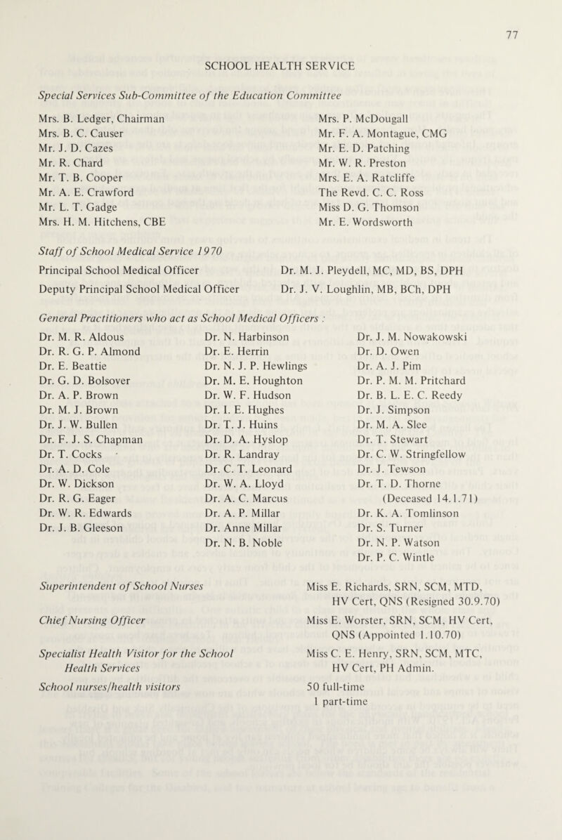 SCHOOL HEALTH SERVICE Special Services Sub-Committee of the Education Committee Mrs. B. Ledger, Chairman Mrs. B. C. Causer Mr. J. D. Cazes Mr. R. Chard Mr. T. B. Cooper Mr. A. E. Crawford Mr. L. T. Gadge Mrs. H. M. Hitchens, CBE Staff of School Medical Service 1970 Principal School Medical Officer Deputy Principal School Medical Officer Superintendent of School Nurses Chief Nursing Officer Specialist Health Visitor for the School Health Services School nurses/health visitors Mrs. P. McDougall Mr. F. A. Montague, CMG Mr. E. D. Patching Mr. W. R. Preston Mrs. E. A. Ratcliffe The Revd. C. C. Ross Miss D. G. Thomson Mr. E. Wordsworth Dr. M. J. Pleydell, MC, MD, BS, DPH Dr. J. V. Loughlin, MB, BCh, DPH Dr. J. M. Nowakowski Dr. D. Owen Dr. A. J. Pirn Dr. P. M. M. Pritchard Dr. B. L. E. C. Reedy Dr. J. Simpson Dr. M. A. Slee Dr. T. Stewart Dr. C. W. Stringfellow Dr. J. Tewson Dr. T. D. Thorne (Deceased 14.1.7 1) Dr. K. A. Tomlinson Dr. S. Turner Dr. N. P. Watson Dr. P. C. Wintle Miss E. Richards, SRN, SCM, MTD, HV Cert, QNS (Resigned 30.9.70) Miss E. Worster, SRN, SCM, HV Cert, QNS (Appointed 1.10.70) Miss C. E. Henry, SRN, SCM, MTC, HV Cert, PH Admin. 50 full-time 1 part-time General Practitioners who act as School Medical Officers : Dr. M. R. Aldous Dr. R. G. P. Almond Dr. E. Beattie Dr. G. D. Bolsover Dr. A. P. Brown Dr. M. J. Brown Dr. J. W. Bullen Dr. F. J. S. Chapman Dr. T. Cocks Dr. A. D. Cole Dr. W. Dickson Dr. R. G. Eager Dr. W. R. Edwards Dr. J. B. Gleeson Dr. N. Harbinson Dr. E. Herrin Dr. N. J. P. Hewlings Dr. M. E. Houghton Dr. W. F. Hudson Dr. I. E. Hughes Dr. T. J. Huins Dr. D. A. Hyslop Dr. R. Landray Dr. C. T. Leonard Dr. W. A. Lloyd Dr. A. C. Marcus Dr. A. P. Millar Dr. Anne Millar Dr. N. B. Noble