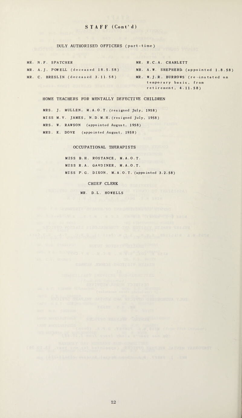 STAFF (Cont’ d) DULY AUTHORISED OFFICERS (part-time) MR. N.F. SPATCHER MR. R.C.A. CHARLETT MR . A.J. POWELL (deceased 18.5.58) MR. A.W. SHEPHERD (appointed MR. C. BRESLIN (deceased 3.11.58) MR . W.J.R. BURROWS (re -ins t a temporary basis, from retirement, 4.11.58) HOME TEACHERS FOR MENTALLY DEFECTIVE CHILDREN MRS. J. MULLEN, M. A. 0 . T. (resigned July, 1958) MISS M.V. JAMES, N.D.M.H. (resigned July, 1958 ) MRS. W. RAWSON (appointed August, 1958) MRS. K. DOVE (appointed August, 1958) OCCUPATIONAL THERAPISTS MISS B.H. ROSTANCE, M.A.O.T. MISS R.A. GARDINER, M.A.O.T. MISS P.G. DIXON, M.A.O.T. (appointed 3.2.58) CHIEF CLERK MR. D.L. HOWELLS 1.8.58) e d on 1?.