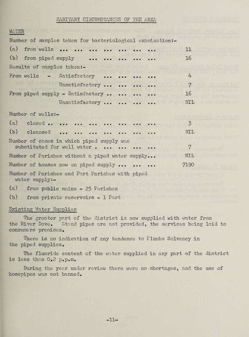 SANITARY CIRCUMSTANCES OF TFIE ARIL'l WATER Number of samples taken for bacteriological examination (a) from wells .. .. 11 (b) from piped supply .. ••• ,,, l6 Results of samples taken From wells - Satisfactory ••• ••• ,,, 4 Unsatisfactory . 7 From piped supply - Satisfactory. .. l6 Unsatisfactory . NIL Number of v;ells:- (a) closed. ... . 3 (b) cleansed . NIL Number of cases in which piped supply was substituted for well water.... 7 Number of Parishes without a piped v/ater supply. • • NIL Number of houses nov/ on piped supply ... 7190 Number of Parishes and Part Parishes with piped water supply (a) from public mains - 25 Parishes (b) from private reservoirs - 1 Part Existing Water Supplies The greater part of the district is now supplied with water from the River Dove. Stand pipes are not provided, the services being laid to consumers premises. There is no indication of any tendence to Plumbo Solvency in the piped supplies. The fluoride content of the v/ater supplied in any part of the district is less than 0,2 p.p.m. During the year under reviev/ there v/ere no shortages, and the use of hosepipes was not banned. -11-