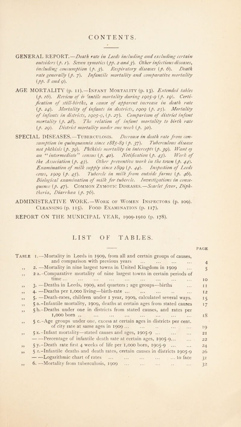 CONTENTS. GENERAL REPORT.—Death rate in Leeds including and excluding certain outsiders (/>. /). Seven zymotics (pp. 2 and 3). Other infectious diseases, including consumption (/>. 3). Respiratory diseases (p. 6). Death rate generally (p. 9). Infantile mortality and comparative mortality {pp. 8 and 9). AGE MORTALITY (p. 11).—Infant Mortality (p. 13). Extended tables {p. 16). Review of ii cantile mortality during 1903-9 (p. 19). Certi¬ fication of still-births, a cause of apparent increase in death rate {p. 24). Mortality of infants in districts, 1909 (p. 25). Mortality of infants in districts, 1903-9, (p. 29). Comparison of district infant mortality (p. 28). The relation of infant mortality to birth rate (p. 29). District mortality under one week (f. go). SPECIAL DISEASES.—Tuberculosis. Decrease in death rate front con¬ sumption in quinquennia since 1883-89 (p. 39). Tuberculous disease not phthisis (p. 39). Phthisis mortality in intercepts (p. 39). Want oj an ‘ ‘ intermediate ” census (p. 40). Notification {p. 43). Work of the Association (p. 43). Other preventive work in the town (p. 44). Examination of milk supply since 1899 (p. 44). Inspection of Leeds cows, 1909 (p. 43). I'ubercle in milk from outside farms ip. 46). Biological examination of milk for tubercle. Investigations in conse¬ quence (p. 49). Common Zymotic Diseases.—Scarlet, fever, Diph¬ theria, Diarrhoea (p. 96). ADMINISTRATIVE WORK.—Work of Women Inspectors (p. 109). Cleansing (p. 115). Food Examination (p. 117). REPORT ON THE MUNICIPAL YEAR, 1909-1910 (p. 178). LIST OF TABLES. Table i.—Mortality in Leeds in 1909, from all and certain groups of causes, and comparison with previous years ,, 2. —Mortality in nine largest towns in United Kingdom in 1909 ,, 2 a.-Comparative mortality of nine largest towns in certain periods of time ... ,, 3. —Deaths in Leeds, 1909, and quarters ; age groups—births ,, 4.—Deaths per 1,000 living—birth-rate ... ,, 5. —Death-rates, children under 1 year, 1909, calculated several ways. ,, 5 a.-Infantile mortality, 1909, deaths at certain ages from stated causes ,, 5 b.-Deaths under one in districts from stated causes, and rates per 1,000 born ... ,, 5 c.-Age groups under one, excess at certain ages in districts per cent, of city rate at same ages in 1909... ,, 5 x.-Infant mortality—stated causes and ages, 1905-9 ... -Percentage of infantile death rate at certain ages, 1905-9... ,, 5 y.-Death rate first 4 weeks of life per 1,000 born, 1905-9 ... ,, 5 z.-Infantile deaths and death rates, certain causes in districts 1905-9 -Logarithmic chart of rates ... ... ... ... ... to face ,, 6. —Mortality from tuberculosis, 1909 PAGE 4 5 10 11 12 IS 17 18 19 21 22 24 26 31 32