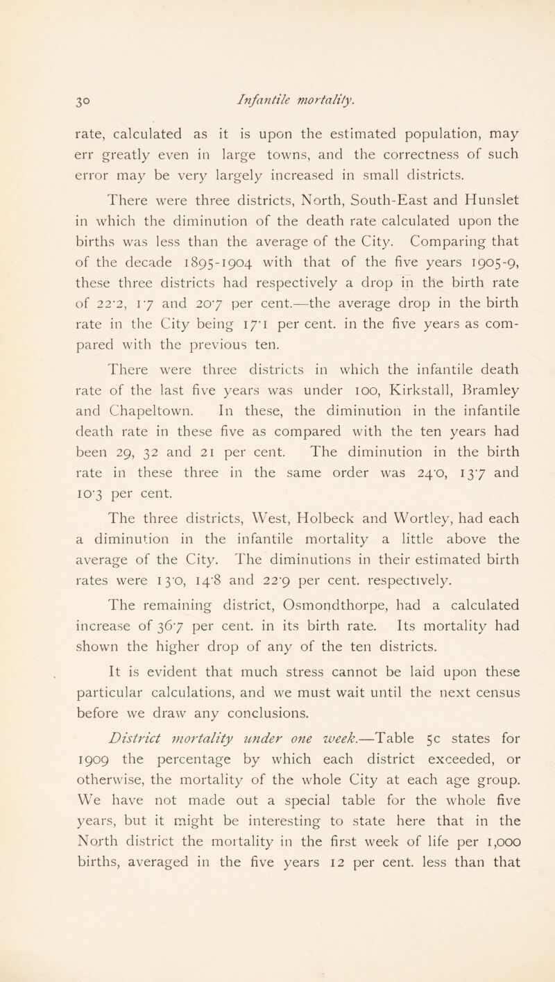 rate, calculated as it is upon the estimated population, may err greatly even in large towns, and the correctness of such error may be very largely increased in small districts. There were three districts, North, South-East and Hunslet in which the diminution of the death rate calculated upon the births was less than the average of the City. Comparing that of the decade 1895-1904 with that of the five years 1905-9, these three districts had respectively a drop in the birth rate of 22*2, 17 and 20*7 per cent.—the average drop in the birth rate in the City being 17*1 per cent, in the five years as com¬ pared with the previous ten. There were three districts in which the infantile death rate of the last five years was under 100, Kirkstall, Bramley and Chapeltown. In these, the diminution in the infantile death rate in these five as compared with the ten years had been 29, 32 and 21 per cent. The diminution in the birth rate in these three in the same order was 24*0, 13*7 and 10*3 per cent. The three districts, West, Holbeck and Wortley, had each a diminution in the infantile mortality a little above the average of the City. The diminutions in their estimated birth rates were 13'0, 14*8 and 22*9 per cent, respectively. The remaining district, Osmondthorpe, had a calculated increase of 36*7 per cent, in its birth rate. Its mortality had shown the higher drop of any of the ten districts. It is evident that much stress cannot be laid upon these particular calculations, and we must wait until the next census before we draw any conclusions. District inortality under one week.—Table 5 c states for 1909 the percentage by which each district exceeded, or otherwise, the mortality of the whole City at each age group. We have not made out a special table for the whole five years, but it might be interesting to state here that in the North district the mortality in the first week of life per 1,000 births, averaged in the five years 12 per cent, less than that