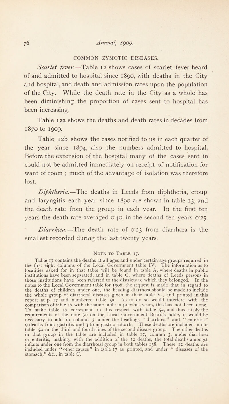 COMMON ZYMOTIC DISEASES. Scarlet fever.—Table 12 shows cases of scarlet fever heard of and admitted to hospital since 1890, with deaths in the City and hospital, and death and admission rates upon the population of the City. While the death rate in the City as a whole has been diminishing the proportion of cases sent to hospital has been increasing. Table 12a shows the deaths and death rates in decades from 1870 to 1909. Table 12b shows the cases notified to us in each quarter of the year since 1894, also the numbers admitted to hospital. Before the extension of the hospital many of the cases sent in could not be admitted immediately on receipt of notification for want of room ; much of the advantage of isolation was therefore lost. Diphtheria.—The deaths in Leeds from diphtheria, croup and laryngitis each year since 1890 are shown in table 13, and the death rate from the group in each year. In the first ten years the death rate averaged 0’40, in the second ten years 0*25. Diarrhoea.—The death rate of 0'23 from diarrhoea is the smallest recorded during the last twenty years. Note to Table 17. Table 17 contains the deaths at all ages and under certain age groups required in the first eight columns of the Local Government table IV. The information as to localities asked for in that table will be found in table A, where deaths in public institutions have been separated, and in table C, where deaths of Leeds persons in those institutions have been referred to the districts to which they belonged. In the notes to the Local Government table for 1906, the request is made that in regard to the deaths of children under one, the heading diarrhoea should be made to include the whole group of diarrhoeal diseases given in their table V., and printed in this report at p. 17 and numbered table 5a. As to do so would interfere with the comparison of table 17 with the same table in previous years, this has not been done. To make table 17 correspond in this respect with table 5a, and thus satisfy the requirements of the note (e) on the Local Government Board’s table, it would be necessary to add in column 3 under the headings “diarrhoea” and “enteritis” 9 deaths from gastritis and 3 from gastric catarrh. These deaths are included in our table 5a in the third and fourth lines of the second disease group. The other deaths in that group in the table are included in table 17, column 3, under diarrhoea or enteritis, making, with the addition of the 12 deaths, the total deaths amongst infants under one from the diarrhoeal group in both tables 158. These 12 deaths are included under “ other causes ” in table 17 as printed, and under “ diseases of the stomach,” &c., in table C.