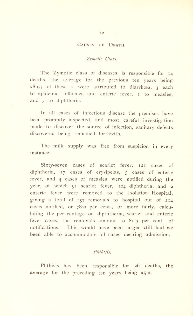 Causes of Death. Zymotic Class. The Zymotic class of diseases is responsible for 14 deaths, the average for the previous ten years being 28-9 ; of these 2 were attributed to diarrhoea, 3 each to epidemic influenza and enteric fever, 1 to measles, and 5 to diphtheria. In all cases of infectious disease the premises have been promptly inspected, and most careful investigation made to discover the source of infection, sanitary defects discovered being remedied forthwith. The milk supply was free from suspicion in every instance. Sixty-seven cases of scarlet fever, 121 cases of diphtheria, 17 cases of erysipelas, 5 cases of enteric fever, and 4 cases of measles were notified during the year, of which 51 scarlet fever, 104 diphtheria, and 2 enteric fever were removed to the Isolation Hospital, giving a total of 157 removals to hospital out of 214 cases notified, or 78^0 per cent., or more fairly, calcu¬ lating the per centage on dipththeria, scarlet and enteric fever cases, the removals amount to 81*3 per cent, of notifications. This would have been larger still had we been able to accommodate all cases desiring admission. Phthisis. Phthisis has been responsible for 26 deaths, the average for the preceding ten years being 25'2.