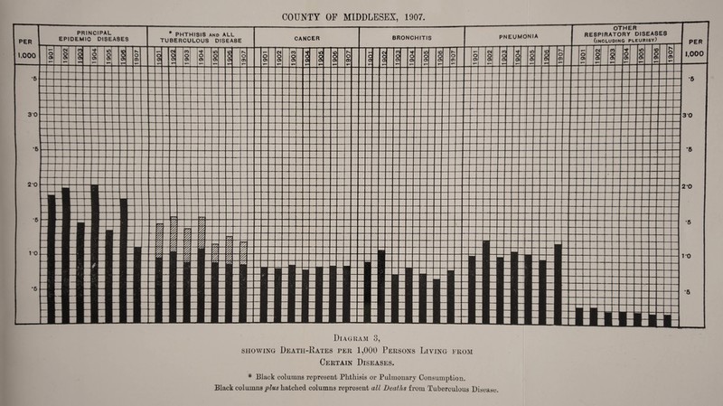 PER 1,000 PRINCIPAL EPIDEMIC DISEA8ES 3 0 # PHTHISIS and ALL TUBERCULOUS DISEA8E OTHER RESPIRATORY DISEASES (including pleurisy) pneumonia BRONCHITIS PER 1,000 CANCER Diagram 3, showing Death-Rates per 1,000 Persons Living from Certain Diseases. # Black columns represent Phthisis or Pulmonary Consumption. Black columns plus hatched columns represent all Deaths from Tuberculous Disease.