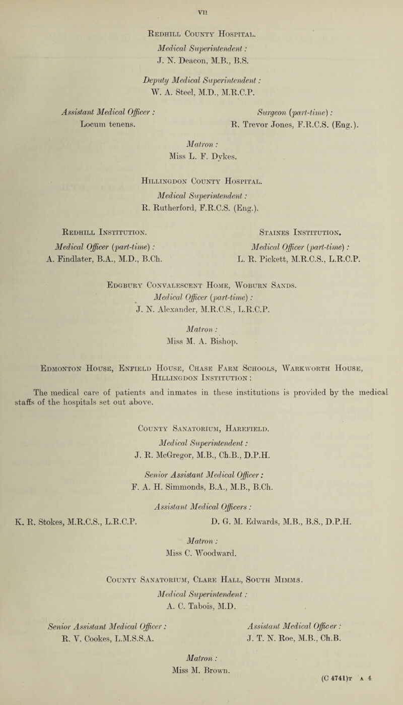 Vll Redhill County Hospital. Medical Superintendent: J. N. Deacon, M.B., B.S. Deputy Medical Superintendent: W. A. Steel, M.D, M.R.C.P. Assistant Medical Officer : Surgeon (part-time): Locum tenens. R. Trevor Jones, F.R.C.S. (Eng.). Matron: Miss L. F. Dykes. Hillingdon County Hospital. Medical Superintendent: R. Rutherford, F.R.C.S. (Eng.). Redhill Institution. Staines Institution. Medical Officer (part-time): Medical Officer (part-time): A. Findlater, B.A., M.D., B.Ck. L. R. Pickett, M.R.C.S., L.R.C.P. Edgbury Convalescent Home, Woburn Sands. Medical Officer (part-time) : J. N. Alexander, M.R.C.S., L.R.C.P. Matron: Miss M. A. Bishop. Edmonton House, Enfield House, Chase Farm Schools, Warkworth House, Hillingdon Institution : The medical care of patients and inmates in these institutions is provided by the medical staffs of the hospitals set out above. County Sanatorium, Harefield. Medical Superintendent: J. R. McGregor, M.B., Ch.B., D.P.H. Senior Assistant Medical Officer: F. A. H. Simmonds, B.A., M.B., B.Ch. Assistant Medical Officers: K. R. Stokes, M.R.C.S., L.R.C.P. D. G. M. Edwards, M.B., B.S., D.P.H. Matron : Miss C. Woodward. County Sanatorium, Clare Hall, South Mimms. Medical Superintendent: A. C. Tabois, M.D. Senior Assistant Medical Officer : Assistant Medical Officer: R. V. Cookes, L.M.S.S.A. J. T. N. Roe, M.B., Ch.B. Matron: Miss M. Brown.