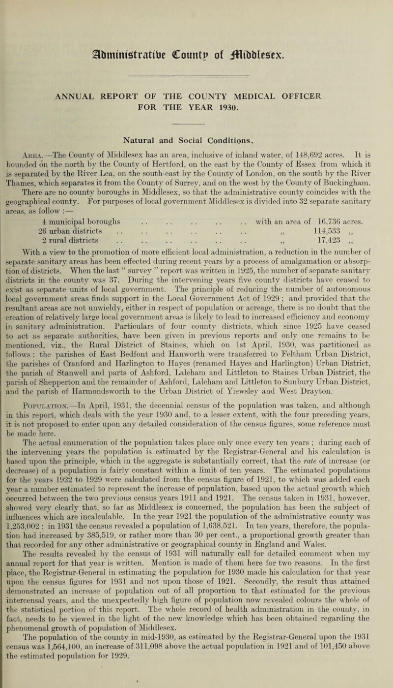 atmumstratibe Countp of Jltijblesiex. ANNUAL REPORT OF THE COUNTY MEDICAL OFFICER FOR THE YEAR 1930. Natural and Social Conditions. Area.—The County of Middlesex has an area, inclusive of inland water, of 148,692 acres. It is bounded on the north by the County of Hertford, on the east by the County of Essex from which it is separated by the River Lea, on the south-east by the County of London, on the south by the River Thames, which separates it from the County of Surrey, and on the west by the County of Buckingham. There are no county boroughs in Middlesex, so that the administrative county coincides with the geographical county. For purposes of local government Middlesex is divided into 32 separate sanitary areas, as follow :— 4 municipal boroughs . . .. . . .. .. with an area of 16,736 acres. 26 urban districts .. .. .. .. .. .. ,, 114,533 „ 2 rural districts . . .. .. . . .. .. ,, 17,423 „ With a view to the promotion of more efficient local administration, a reduction in the number of separate sanitary areas has been effected during recent years by a process of amalgamation or absorp¬ tion of districts. When the last “ survey ” report was written in 1925, the number of separate sanitary districts in the county was 37. During the intervening years five county districts have ceased to exist as separate units of local government. The principle of reducing the number of autonomous local government areas finds support in the Local Government Act of 1929 ; and provided that the resultant areas are not unwieldy, either in respect of population or acreage, there is no doubt that the creation of relatively large local government areas is likely to lead to increased efficiency and economy in sanitary administration. Particulars of four county districts, which since 1925 have ceased to act as separate authorities, have been given in previous reports and only one remains to be mentioned, viz., the Rural District of Staines, which on 1st April, 1930, was partitioned as follows : the parishes of East Bedfont and Hanworth were transferred to Feltham Urban District, the parishes of Cranford and Harlington to Hayes (renamed Hayes and Harlington) Urban District, the parish of Stairwell and parts of Ashford, Laleham and Littleton to Staines Urban District, the parish of Shepperton and the remainder of Ashford, Laleham and Littleton to Sunbury LTrban District, and the parish of Harmondsworth to the Urban District of Yiewsley and West Drayton. Population.—In April, 1931, the decennial census of the population was taken, and although in this report, which deals with the year 1930 and, to a lesser extent, with the four preceding years, it is not proposed to enter upon any detailed consideration of the census figures, some reference must be made here. The actual enumeration of the population takes place only once every ten years ; during each of the intervening years the population is estimated by the Registrar-General and his calculation is based upon the principle, which in the aggregate is substantially correct, that the rate of increase (or decrease) of a population is fairly constant within a limit of ten years. The estimated populations for the years 1922 to 1929 were calculated from the census figure of 1921, to which was added each year a number estimated to represent the increase of population, based upon the actual growth which occurred between the two previous census years 1911 and 1921. The census taken in 1931, however, showed very clearly that, so far as Middlesex is concerned, the population has been the subject of influences which are incalculable. In the year 1921 the population of the administrative county was 1,253,002 : in 1931 the census revealed a population of 1,638,521. In ten years, therefore, the popula¬ tion had increased by 385,519, or rather more than 30 per cent., a proportional growth greater than that recorded for any other administrative or geographical county in England and Wales. The results revealed by the census of 1931 will naturally call for detailed comment when my annual report for that year is written. Mention is made of them here for two reasons. In the first place, the Registrar-General in estimating the population for 1930 made his calculation for that year upon the census figures for 1931 and not upon those of 1921. Secondly, the result thus attained demonstrated an increase of population out of all proportion to that estimated for the previous intercensal years, and the unexpectedly high figure of population now revealed colours the whole of the statistical portion of this report. The whole record of health administration in the county, in fact, needs to be viewed in the light of the new knowledge wffiich has been obtained regarding the phenomenal growth of population of Middlesex. The population of the county in mid-1930, as estimated by the Registrar-General upon the 1931 census was 1,564,100, an increase of 311,098 above the actual population in 1921 and of 101,450 above the estimated population for 1929.