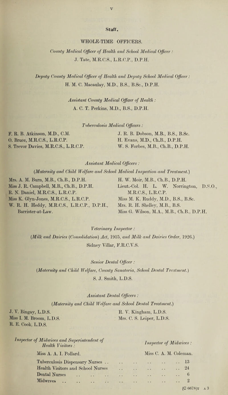 Staff. WHOLE-TIME OFFICERS. County Medical Officer of Health and School Medical Officer : J. Tate, M.R.C.S., L.R.C.P., D.P.H. Deputy County Medical Officer of Health and Deputy School Medical Officer : H. M. C. Macaulay, M.D., B.S., B.Sc., D.P.H. Assistant County Medical Officer of Health : A. C. T. Perkins, M.D., B.S., D.P.H. Tuberculosis Medical Officers: F. R. B. Atkinson, M.D., C.M. 0. Bruce, M.R.C.S., L.R.C.P. S. Trevor Davies, M.R.C.S., L.R.C.P. J. R. B. Dobson, M.B., B.S., B.Sc. H. Evans, M.D., Ch.B., D.P.H. W. S. Forbes, M.B., Ch.B., D.P.H. Assistant Medical Officers: (Maternity and Child Welfare and School Medical Inspection and Treatment.) Mrs. A. M. Burn, M.B., Ch.B., D.P.H. Miss J. R. Campbell, M.B., Ch.B, D.P.H. R. N. Daniel, M.R.C.S, L.R.C.P. Miss K. Glyn-Jones, M.R.C.S, L.R.C.P. W. R. H. Heddy, M.R.C.S, L.R.C.P, D.P.H, Barrister-at-Law. H. W. Moir, M.B., Ch.B, D.P.H. Lieut.-Col. H. L. W. Norrington, D.S.O. M.R.C.S, L.R.C.P. Miss M. K. Ruddy, M.D., B.S, B.Sc. Mrs. R. H. Shelley, M.B, B.S. Miss O. Wilson, M.A, M.B, Ch.B, D.P.H. Veterinary Inspector: (Milk and Dairies (Consolidation) Act, 1915, and Milk and Dairies Order, 1926.) Sidney Yillar, F.R.C.Y.S. Senior Dental Officer: (Maternity and Child Welfare, County Sanatoria, School Dental Treatment.) S. J. Smith, L.D.S. Assistant Dental Officers: (Maternity and Child Welfare and School Dental Treatment.) J. V. Bingay, L.D.S. R. V. Kingham, L.D.S. Miss I. M. Broom, L.D.S. Mrs. C. S. Leiper, L.D.S. R. E. Cook, L.D.S. Inspector of Midwives and Superintendent of Health Visitors: Miss A. A. I. Pollard. Tuberculosis Dispensary Nurses . . Health Visitors and School Nurses Dental Nurses Midwivea Inspector of Midwives: Miss C. A. M. Coleman. .13 .24 .(j .2