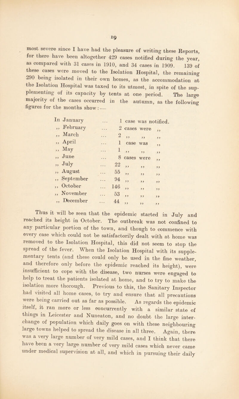 most severe since I have had the pleasure of writing these Reports, for there have been altogether 429 cases notified during the year, as compared with 31 cases in 1910, and 34 cases in 1909. 139 of these cases were moved to the Isolation Hospital, the remaining 290 being isolated in their own homes, as the accommodation at the Isolation Hospital was taxed to its utmost, in spite of the sup¬ plementing of its capacity by tents at one period. The large majority of the cases occurred in the autumn, as the following figures for the months show :_ III January 1 case was notified. yy yy February March 2 2 cases > y were y y y y y y yy April 1 case was y y yy May 1 > > y y y y yy June 8 cases were y y yy July ... 22 ? ? y y y y y y August ... 55 >) yy y y yy September ... 94 )) yy y y y y October ... 146 y y y y y y y y November ... 53 y y y y yy yy December ... 44 y y yy y y Thus it will be seen that the epidemic started in July and reached its height in October. The outbreak was not confined to any particular portion of the town, and though to commence with every case which could not be satisfactorily dealt with at home was removed to the Isolation Hospital, this did not seem to stop the spread of the fever. When the Isolation Hospital with its supple¬ mentary tents (and these could only be used in the fine weather, and therefore only before the epidemic reached its height), were insufficient to cope with the disease, two nurses were engaged to help to treat the patients isolated at home, and to try to make the isolation more thorough. Previous to this, the Sanitary Inspector had visited all home cases, to try and ensure that all precautions were being carried out as far as possible. As regards the epidemic itself, it ran more or less concurrently with a similar state of things in Leicester and Nuneaton, and no doubt the large inter¬ change of population which daily goes on with these neighbouring large towns helped to spread the disease in all three. Again, there was a very large number of very mild cases, and I think that there have been a very large number of very mild cases which never came under medical supervision at all, and which in pursuing their daily