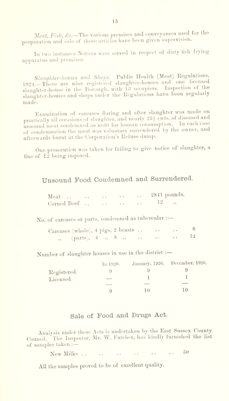Meat, Fish, ,Cc.—'Tho various promises and conveyances used for the preparation and sale of these articles have been given supervision. In two instances Notices were served in respect of dirty fish frjing apparatus and premises. Slaughter-houses anil Shops. Public Health (Meat) Regulations, 192-j _There are nine registered slaughter-houses and one licensed slaueditor-house in the Borough, with 13 occupiers. Inspection of the slaughter-houses and shops under the Regulations have boon regulai y made. Examination of carcases during and after slaughter was made on practically all occasions of slaughter, and nearly 25A cwts. of diseased and unsound meat, condemned as unlit for human consumption. In each case of condemnation the meat was voluntary surrendered by the owner, and afterwards burnt at the Corporation’s Refuse dump. One prosecution was taken for failing to give notice ot slaughter, a fine of £2 being imposed. Unsound. Food Condemned and Surrendered. Meat .. •• •• 2841 pounds. Corned Beef . . • • • • • • ” No. of carcases or parts, condemned as tubercular :— Carcases (whole), 4 pigs, 2 beasts . . „ (parts), 4 ,, 8 ,, . 6 12 Number of slaughter houses in use in the district In 1920. January, 1926 Registered 9 ® Licensed — 1 9 10 Sale of Food and Drugs Act. Analysis under these Acts is undertaken by the East Sussex County Council! ‘The Inspector, Mr. W. butcher, has kindly furnished the list of samples taken :— New Milks All the samples proved to be of excellent quality. December, 1926. 9 1 10 50