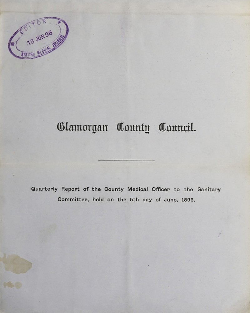 Glamorgan Cawnt^ Caanril Quarterly Report of Committee, the County Medical Officer to the Sanitary held on the 5th day of June, 1896.