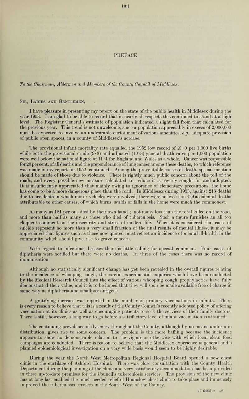 PREFACE To the Chairman, Aldermen and Members of the County Council of Middlesex. Sir, Ladies and Gentlemen, I have pleasure in presenting my report on the state of the public health in Middlesex during the year 1953. I am glad to be able to record that in nearly all respects thio continued to stand at a high level. The Registrar General’s estimate of population indicated a slight fall from that calculated for the previous year. This trend is not unwelcome, since a population appreciably in excess of 2,000,000 must be expected to involve an undesirable curtailment of various amenities, e.g., adequate provision of public open spaces, in a county of Middlesex’s acreage. The provisional infant mortality rate equalled the 1952 low record of 21 *0 per 1,000 live births while both the provisional crude (9-8) and adjusted (10-3) general death rates per 1,000 population were well below the national figure of 11 -4 for England and Wales as a whole. Cancer was responsible for 20 per cent, of all deaths and the preponderance of lung cancer among these deaths, to which reference was made in my report for 1952, continued. Among the preventable causes of death, special mention should be made of those due to violence. There is rightly much public concern about the toll of the roads, and every possible new measure calculated to reduce it is eagerly sought for and adopted. It is insufficiently appreciated that mainly owing to ignorance of elementary precautions, the home has come to be a more dangerous place than the road. In Middlesex during 1953, against 213 deaths due to accidents in which motor vehicles were involved, there were no less than 429 accidental deaths attributable to other causes, of which burns, scalds or falls in the home were much the commonest. As many as 181 persons died by their own hand ; not many less than the total killed on the road, and more than half as many as those who died of tuberculosis. Such a figure furnishes an all too eloquent comment on the insecurity and stress of modern life. When it is considered that cases of suicide represent no more than a very small fraction of the final results of mental illness, it may be appreciated that figures such as those now quoted must reflect an incidence of mental ill-health in the community which should give rise to grave concern. With regard to infectious diseases there is little calling for special comment. Four cases of diphtheria were notified but there were no deaths. In three of the cases there was no record of immunisation. Although no statistically significant change has yet been revealed in the overall figures relating to the incidence of whooping cough, the careful experimental enquiries which have been conducted by the Medical Research Council into the effect of various whooping cough prophylactics have fully demonstrated their value, and it is to be hoped that they will soon be made available free of charge in same way as diphtheria and smallpox antigens. A gratifying increase was reported in the number of primary vaccinations in infants. There is every reason to believe that this is a result of the County Council’s recently adopted policy of offering vaccination at its clinics as well as encouraging patients to seek the services of their family doctors. There is still, however, a long way to go before a satisfactory level of infant vaccination is attained. The continuing prevalence of dysentrv throughout the County, although by no means uniform in distribution, gives rise to some concern. The problem is the more baffling because the incidence appears to show no demonstrable relation to the vigour or otherwise with which local clean food campaigns are conducted. There is reason to believe that the Middlesex experience is general and a planned epidemiological investigation on a very wide basis would seem to be highly desirable. During the year the North West Metropolitan Regional Hospital Board opened a new chest clinic in the curtilage of Ashford Hospital. There was close consultation with the County Health Department during the planning of the clinic and very satisfactory accommodation has been provided in these up-to-date premises for the Council’s tuberculosis services. The provision of the new clinic has at long last enabled the much needed relief of Hounslow chest clinic to take place and immensely improved the tuberculosis services in the South-West of the County.