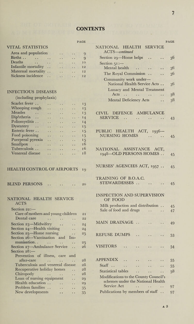 CONTENTS PAGE VITAL STATISTICS Area and population .. .. 9 Births .. .. .. .. .. 9 Deaths .. .. .. .. 10 Infantile mortality . . . . . . 12 Maternal mortality .. .. .. 12 Sickness incidence .. .. .. 12 INFECTIOUS DISEASES (including prophylaxis) Scarlet fever .. .. .. .. 13 Whooping cough . . . . .. 13 Measles .. .. .. .. 13 Diphtheria .. . . .. ..14 Poliomyelitis . . . . .. .. 14 Dysentery .. . . .. .. 15 Enteric fever .. . . . . . . 15 Food poisoning .. .. .. 15 Puerperal pyrexia .. .. .. 15 Smallpox .. .. .. .. 16 Tuberculosis .. .. .. .. 16 Venereal disease .. .. .. 18 HEALTH CONTROL OF AIRPORTS 19 BLIND PERSONS.20 NATIONAL HEALTH SERVICE ACTS Section 22:— Care of mothers and young children 21 Dental care . • 22 Section 23—Midwifery • • 24 Section 24—Health visiting . . 24 Section 25—Home nursing • . 25 Section 26—Vaccination and Im- munisation • . 25 Section 27—Ambulance Service Section 28:— 26 Prevention of illness, care and after-care . • 28 Tuberculosis and venereal disease 28 Recuperative holiday homes 28 Chiropody 28 Loan of nursing equipment 29 Health education 29 Problem families 35 New developments 35 PAGE NATIONAL HEALTH SERVICE ACTS—continued Section 29—Home helps .. .. 36 Section 51:— Mental health .. .. .. 36 The Royal Commission .. .. 36 Community work under— National Health Service Acts .. 36 Lunacy and Mental Treatment Acts .. .. .. .. 38 Mental Deficiency Acts .. 38 CIVIL DEFENCE AMBULANCE SERVICE.43 PUBLIC HEALTH ACT, 1936- NURSING HOMES .. .. 45 NATIONAL ASSISTANCE ACT, 1948—OLD PERSONS HOMES .. 45 NURSES’ AGENCIES ACT, 1957 .. 45 TRAINING OF B.O.A.C. STEWARDESSES.45 INSPECTION AND SUPERVISION OF FOOD Milk production and distribution . . 45 Sale of food and drugs . . . . 47 MAIN DRAINAGE.49 REFUSE DUMPS.53 VISITORS .54 APPENDIX .. .. .. .. 55 Staff «* . • > • • • • • 35 Statistical tables .. .. .. 58 Modifications to the County Council’s schemes under the National Health Service Act .. .. .. 97 Publications by members of staff .. 97