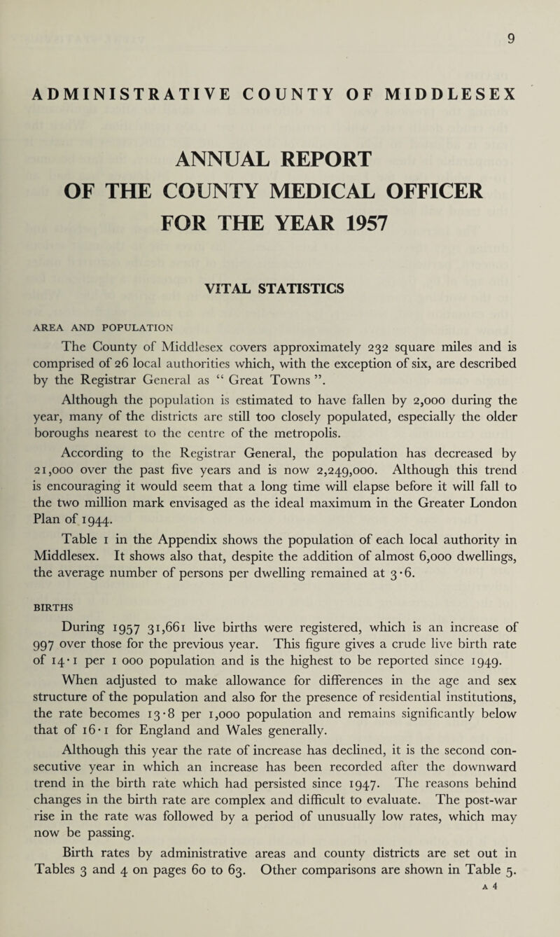 ADMINISTRATIVE COUNTY OF MIDDLESEX ANNUAL REPORT OF THE COUNTY MEDICAL OFFICER FOR THE YEAR 1957 VITAL STATISTICS AREA AND POPULATION The County of Middlesex covers approximately 232 square miles and is comprised of 26 local authorities which, with the exception of six, are described by the Registrar General as “ Great Towns Although the population is estimated to have fallen by 2,000 during the year, many of the districts are still too closely populated, especially the older boroughs nearest to the centre of the metropolis. According to the Registrar General, the population has decreased by 21,000 over the past five years and is now 2,249,000. Although this trend is encouraging it would seem that a long time will elapse before it will fall to the two million mark envisaged as the ideal maximum in the Greater London Plan of 1944. Table 1 in the Appendix shows the population of each local authority in Middlesex. It shows also that, despite the addition of almost 6,000 dwellings, the average number of persons per dwelling remained at 3-6. BIRTHS During 1957 31,661 live births were registered, which is an increase of 997 over those for the previous year. This figure gives a crude live birth rate of 14*1 per 1 000 population and is the highest to be reported since 1949. When adjusted to make allowance for differences in the age and sex structure of the population and also for the presence of residential institutions, the rate becomes 13-8 per 1,000 population and remains significantly below that of 16 *i for England and Wales generally. Although this year the rate of increase has declined, it is the second con¬ secutive year in which an increase has been recorded after the downward trend in the birth rate which had persisted since 1947. The reasons behind changes in the birth rate are complex and difficult to evaluate. The post-war rise in the rate was followed by a period of unusually low rates, which may now be passing. Birth rates by administrative areas and county districts are set out in Tables 3 and 4 on pages 60 to 63. Other comparisons are shown in Table 5. A 4